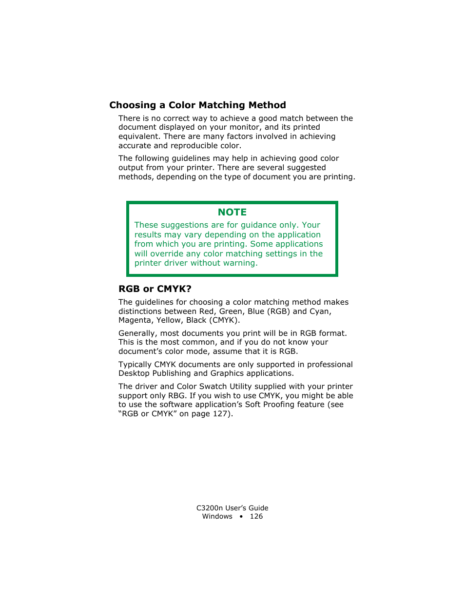 Choosing a color matching method, Rgb or cmyk | Oki C 3200n User Manual | Page 126 / 168