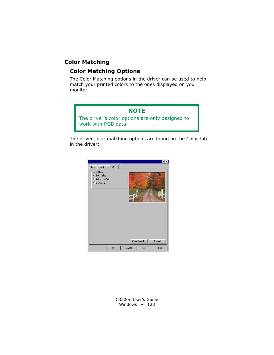 Color matching, Color matching options | Oki C 3200n User Manual | Page 128 / 168