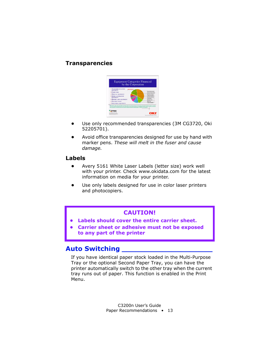 Transparencies, Labels, Auto switching | Caution | Oki C 3200n User Manual | Page 13 / 168