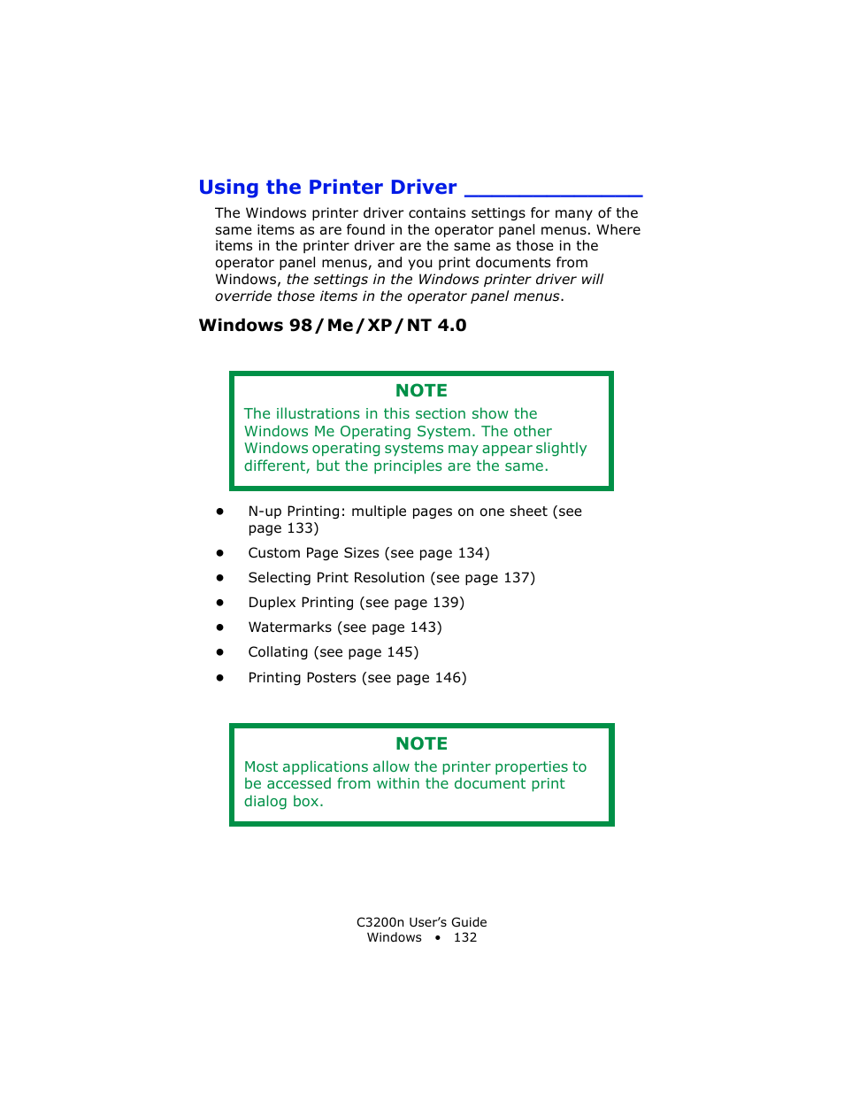 Using the printer driver, Windows 98 / me / xp / nt 4.0 | Oki C 3200n User Manual | Page 132 / 168