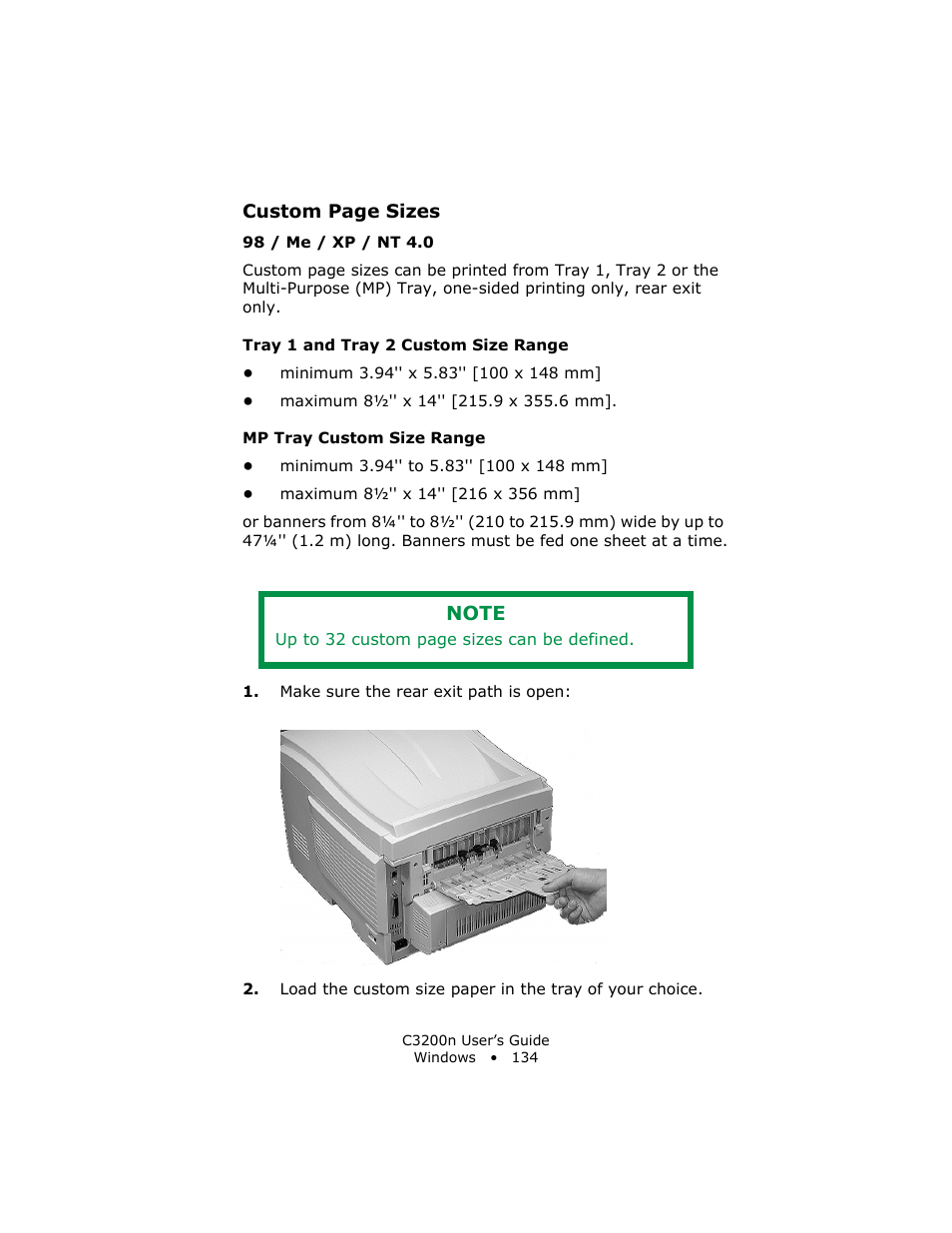 98 / me / xp / nt 4.0, Tray 1 and tray 2 custom size range, Mp tray custom size range | Oki C 3200n User Manual | Page 134 / 168