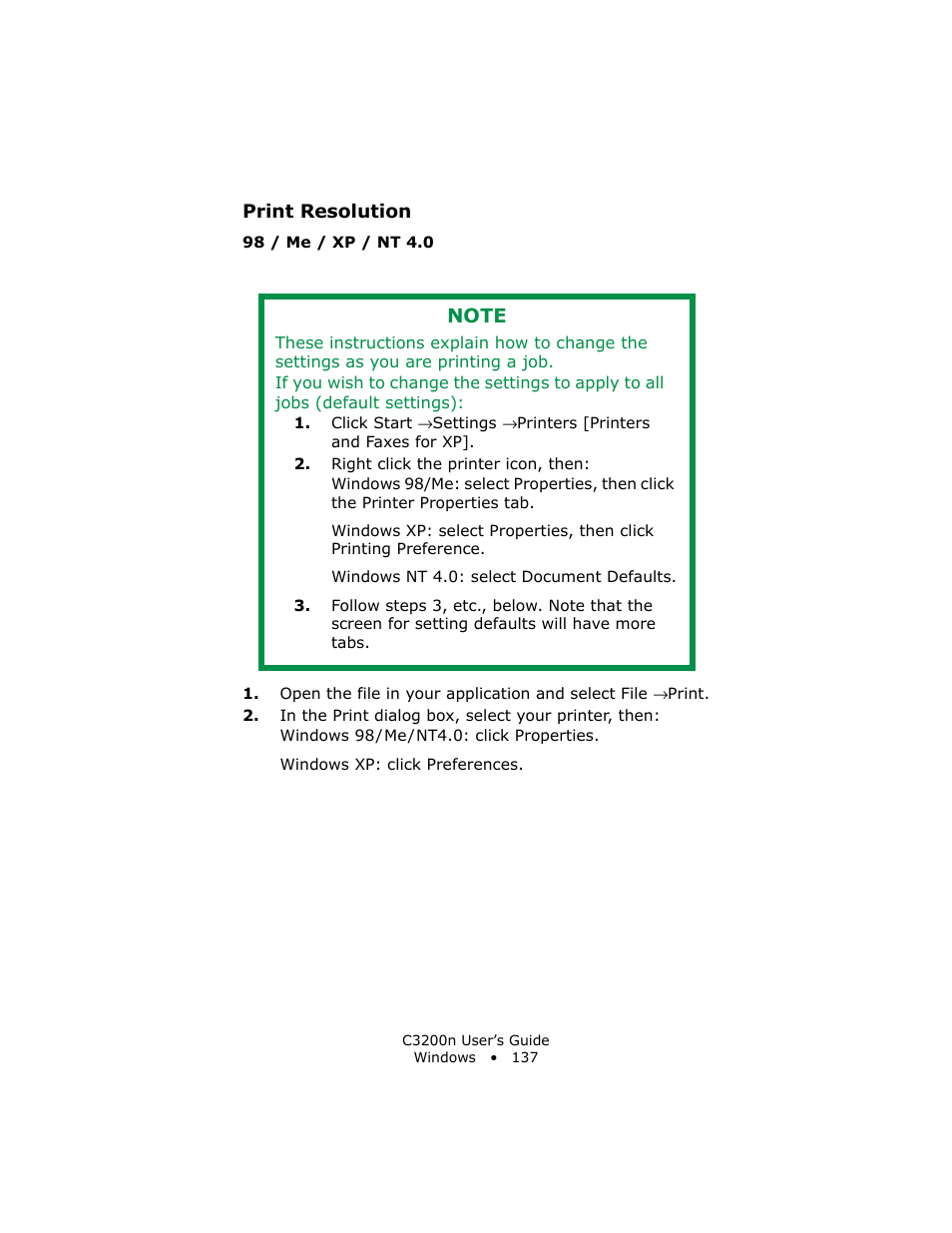 Print resolution, 98 / me / xp / nt 4.0 | Oki C 3200n User Manual | Page 137 / 168