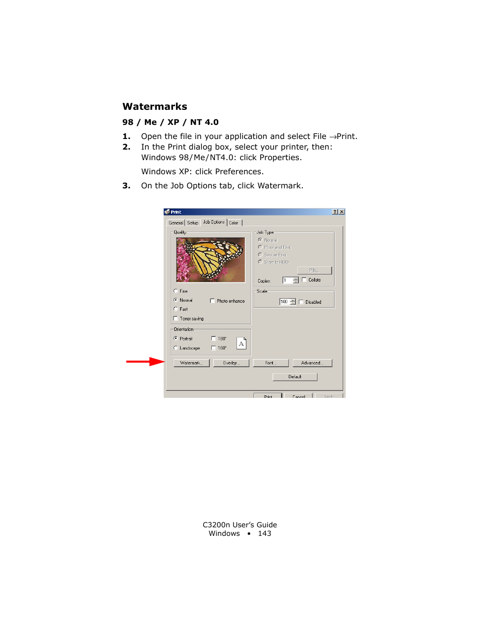 Watermarks, 98 / me / xp / nt 4.0 | Oki C 3200n User Manual | Page 143 / 168