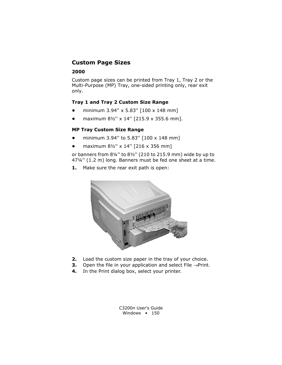 Tray 1 and tray 2 custom size range, Mp tray custom size range | Oki C 3200n User Manual | Page 150 / 168