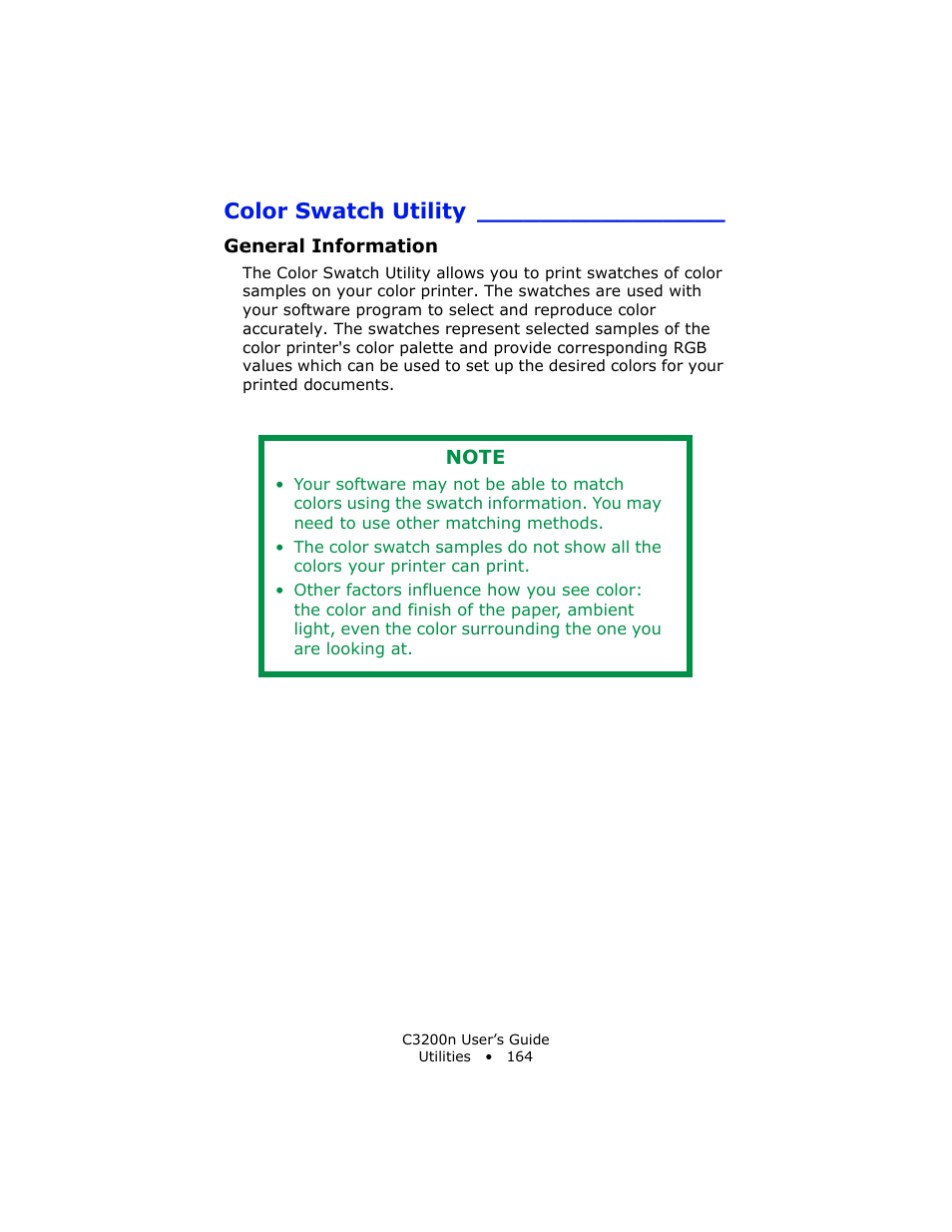 Color swatch utility, General information | Oki C 3200n User Manual | Page 164 / 168