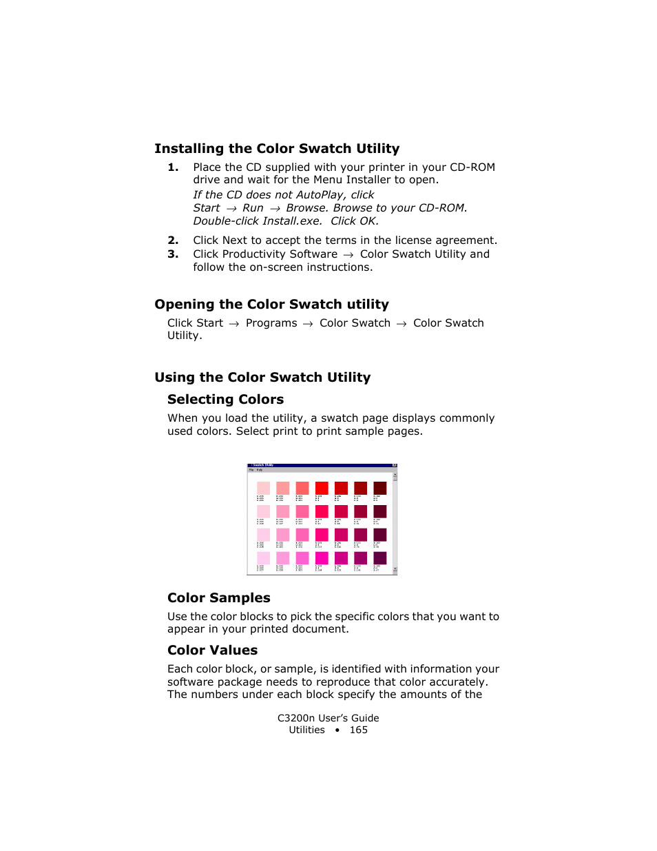 Installing the color swatch utility, Opening the color swatch utility, Using the color swatch utility | Selecting colors, Color samples, Color values | Oki C 3200n User Manual | Page 165 / 168