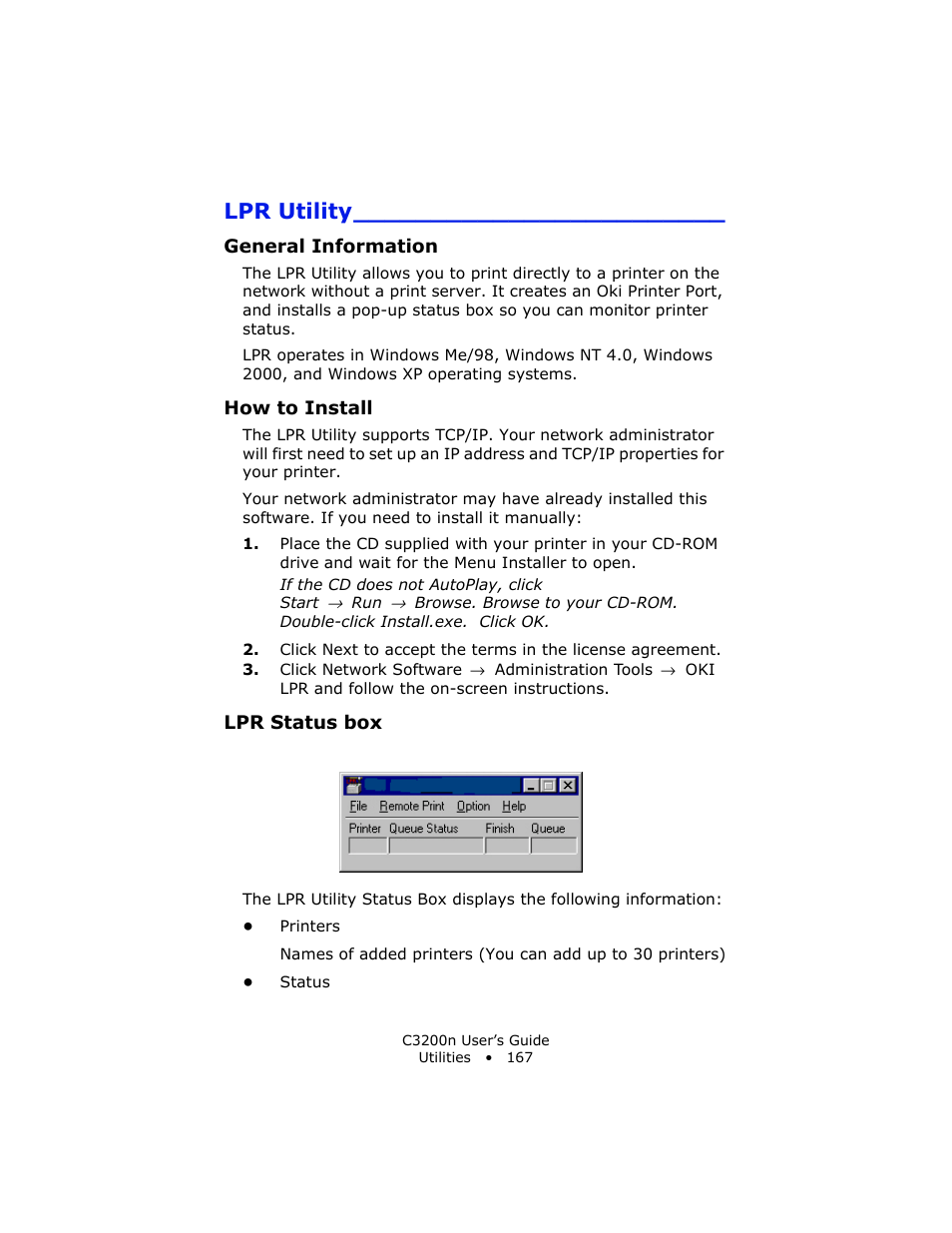 Lpr utility, General information, How to install | Lpr status box | Oki C 3200n User Manual | Page 167 / 168
