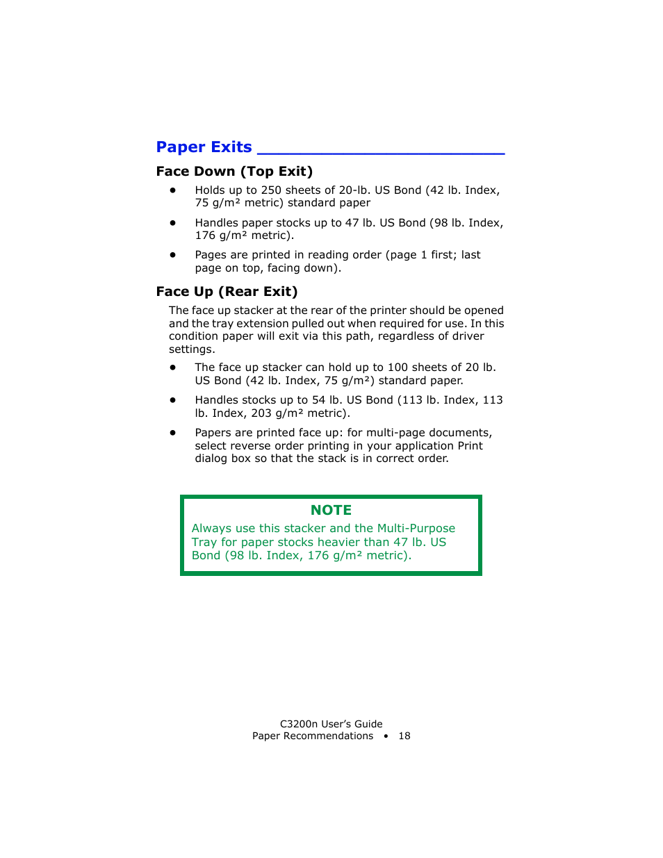 Paper exits, Face down (top exit), Face up (rear exit) | Oki C 3200n User Manual | Page 18 / 168