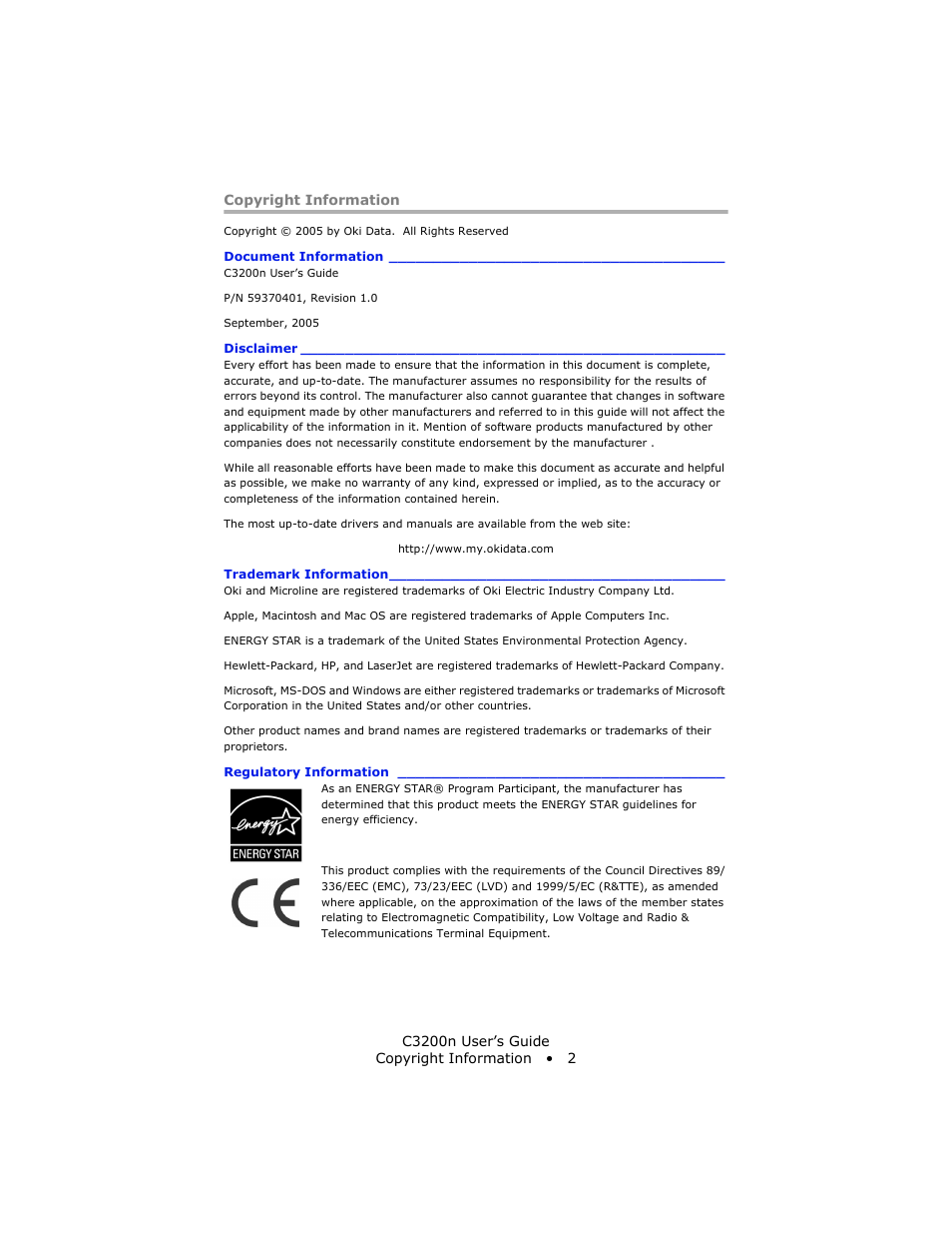 Copyright information, Document information, Disclaimer | Trademark information, Regulatory information | Oki C 3200n User Manual | Page 2 / 168