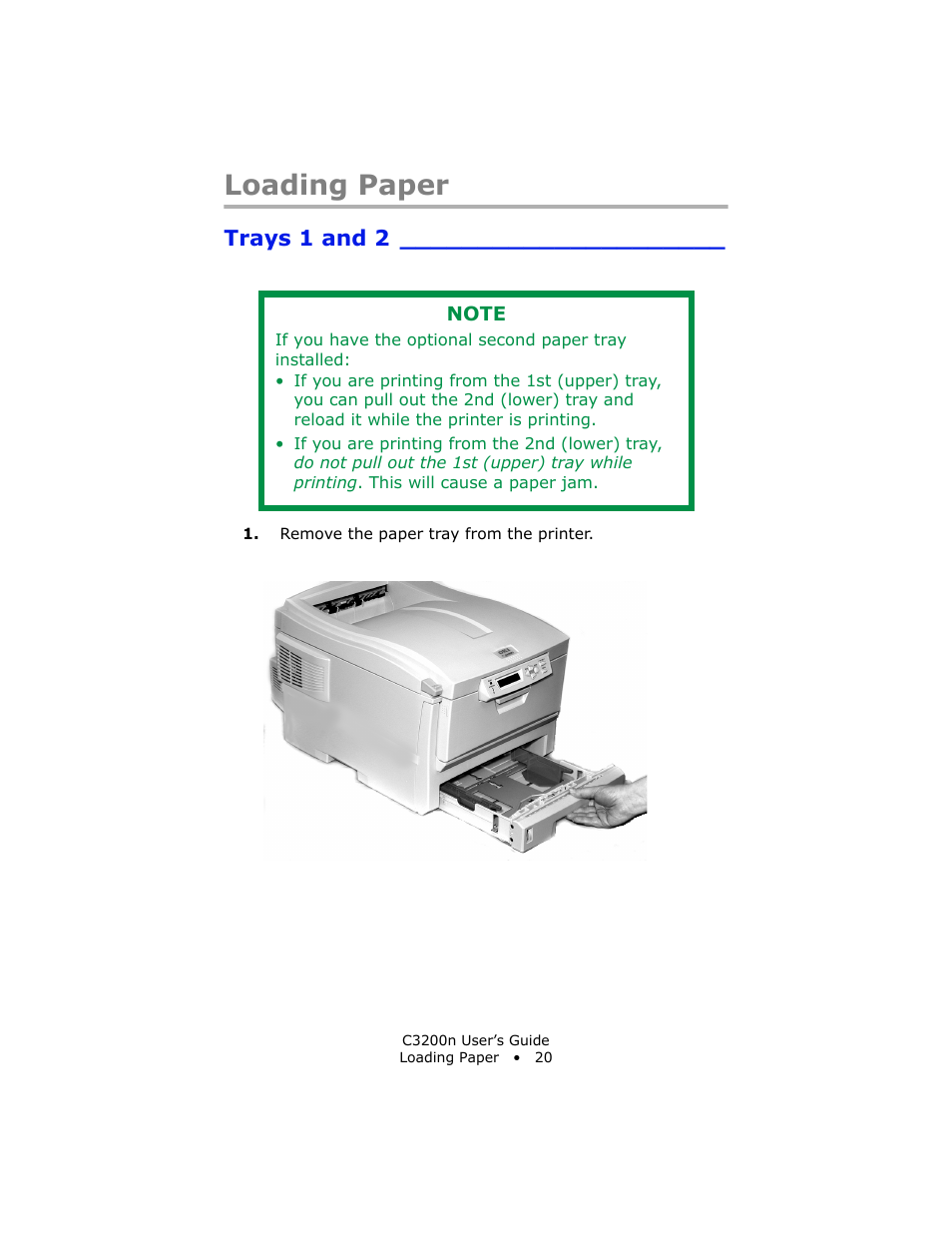 Loading paper, Trays 1 and 2 | Oki C 3200n User Manual | Page 20 / 168