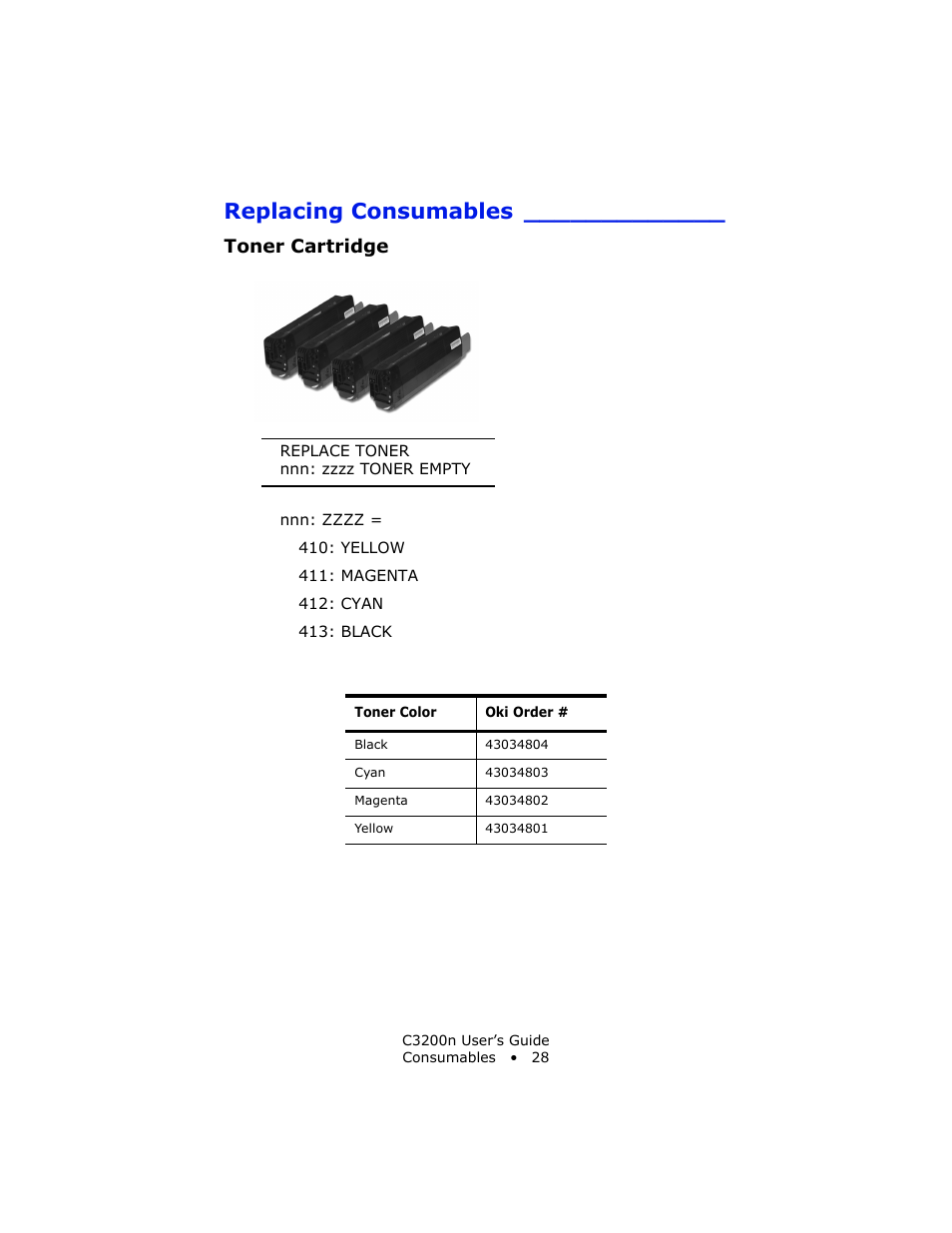 Replacing consumables, Toner cartridge, E “toner | Oki C 3200n User Manual | Page 28 / 168