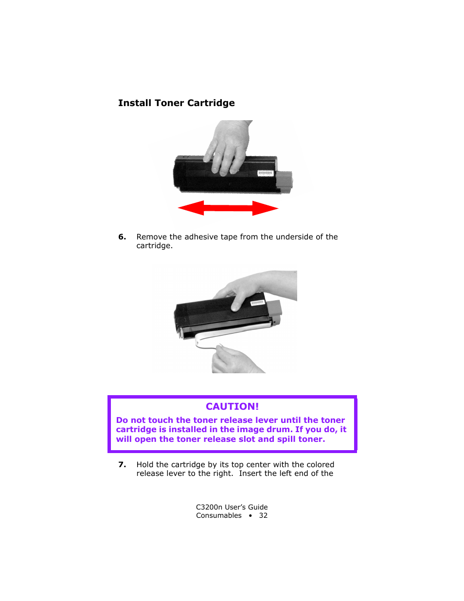 Install toner cartridge, Caution | Oki C 3200n User Manual | Page 32 / 168
