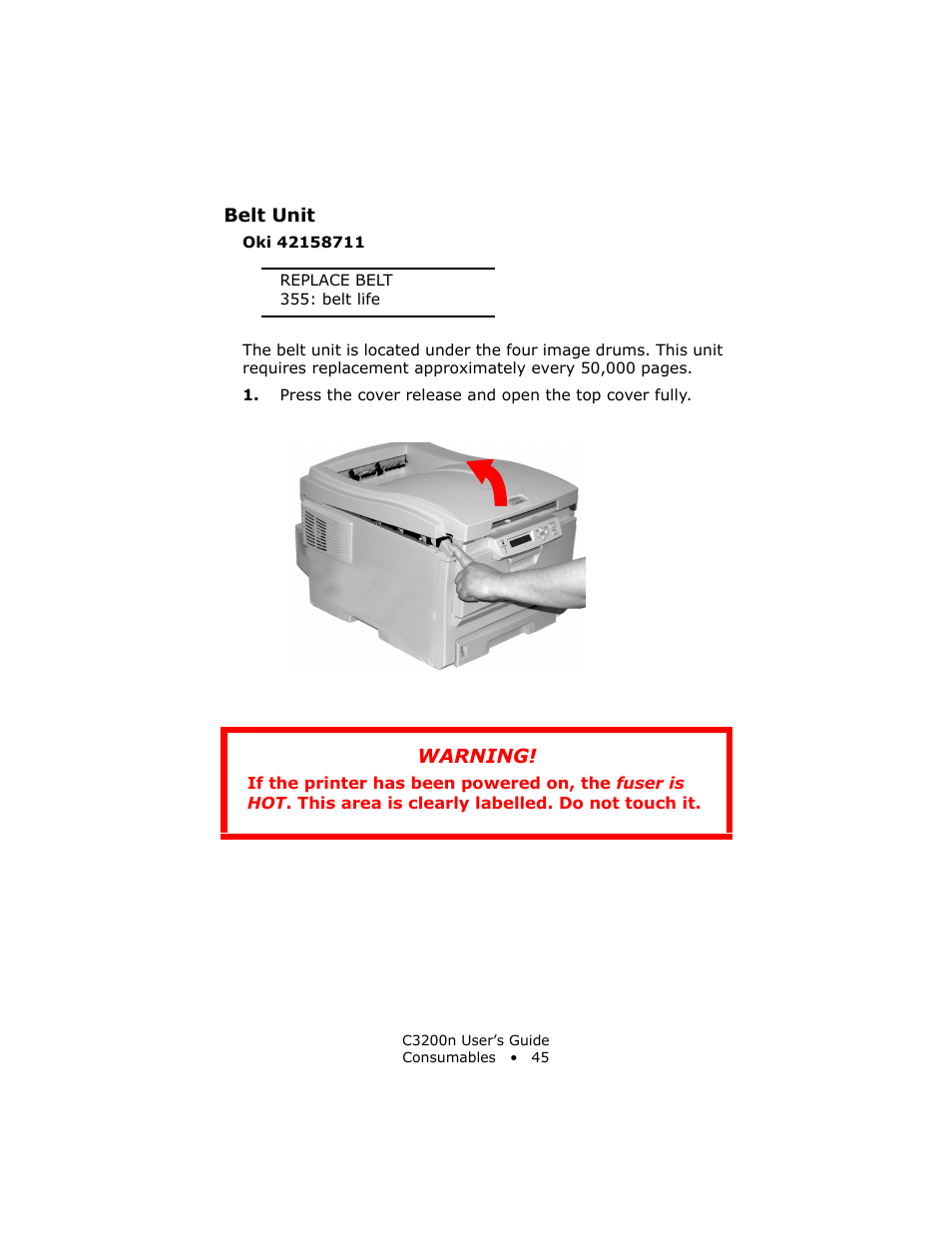 Belt unit, See “belt unit, Warning | Oki C 3200n User Manual | Page 45 / 168