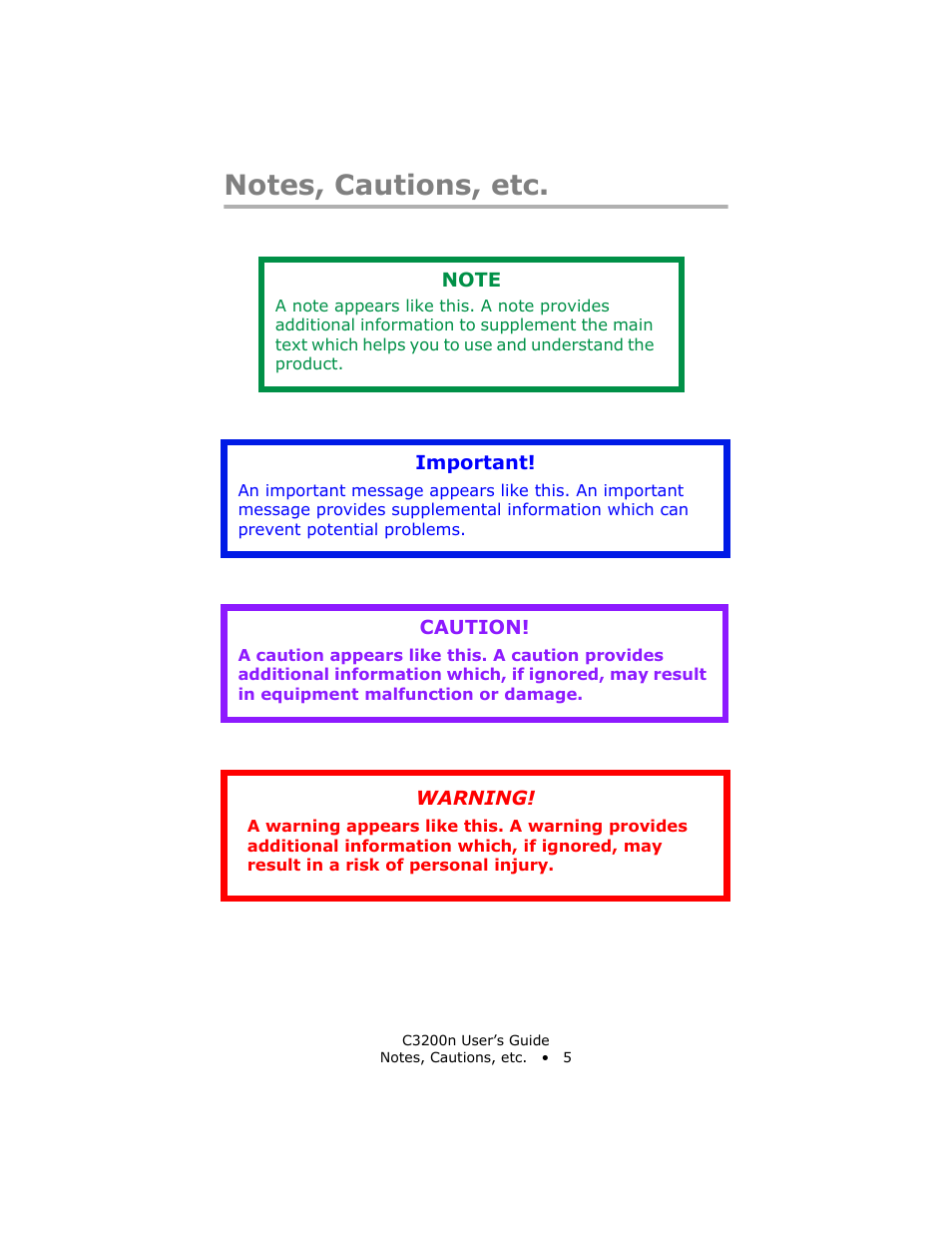 Notes, cautions, etc | Oki C 3200n User Manual | Page 5 / 168