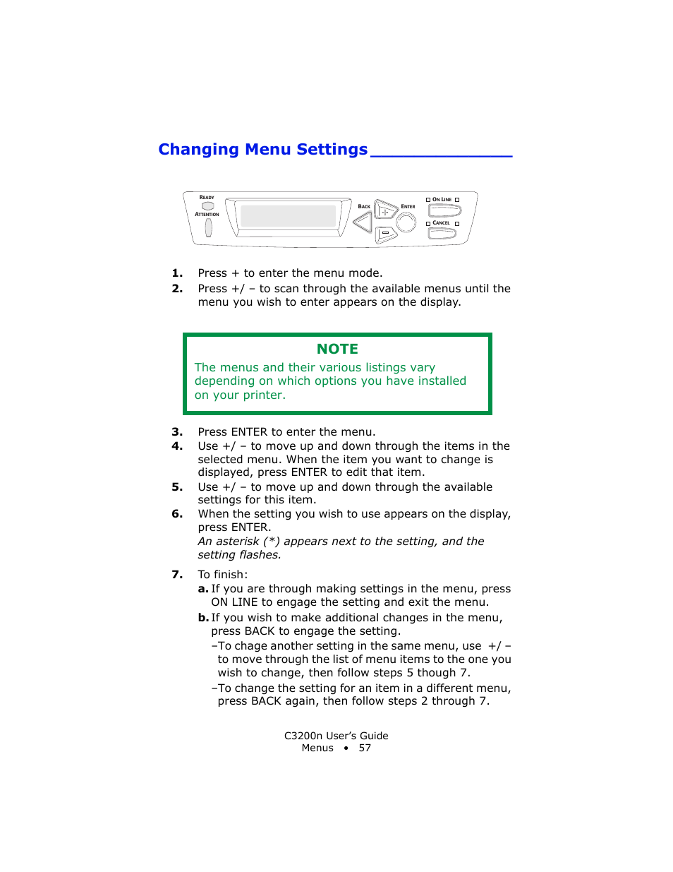 Changing menu settings | Oki C 3200n User Manual | Page 57 / 168