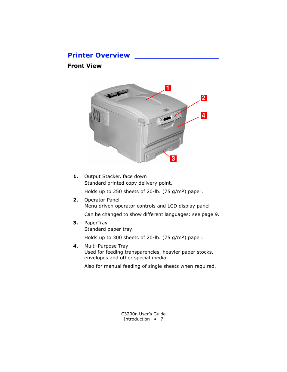 Printer overview, Front view | Oki C 3200n User Manual | Page 7 / 168