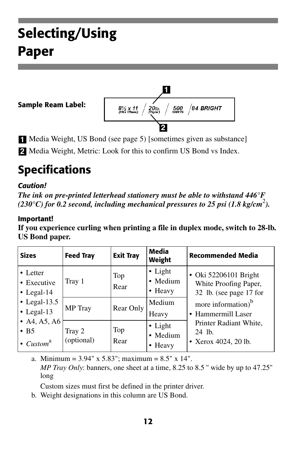 Selecting/using, Paper, Selecting/using paper | Specifications | Oki C 5400 User Manual | Page 13 / 47
