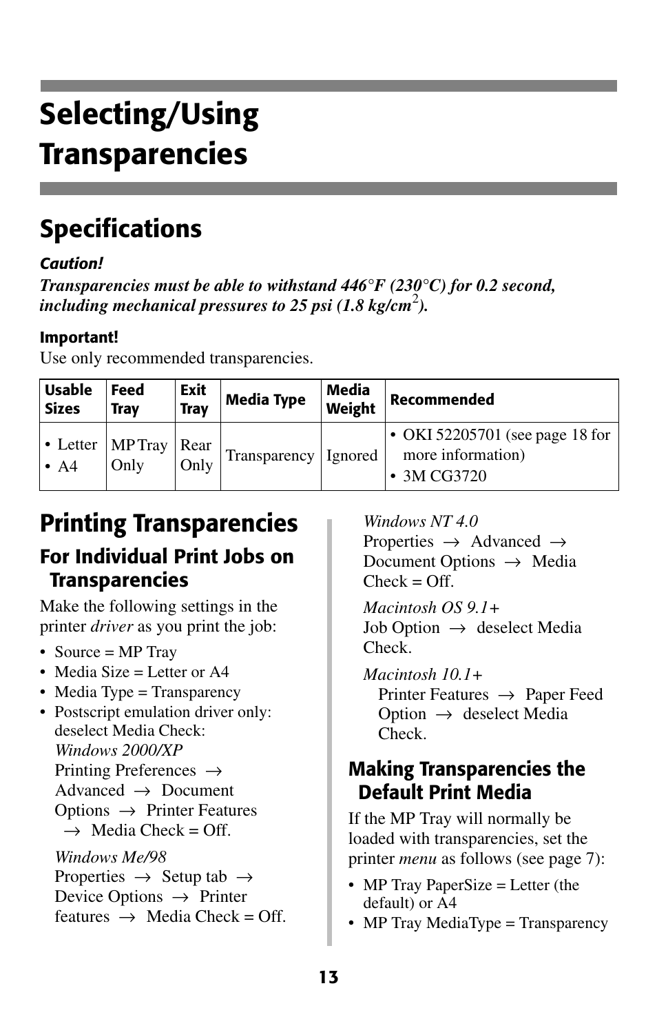 Transparencies, Selecting/using transparencies, Specifications | Printing transparencies | Oki C 5400 User Manual | Page 14 / 47