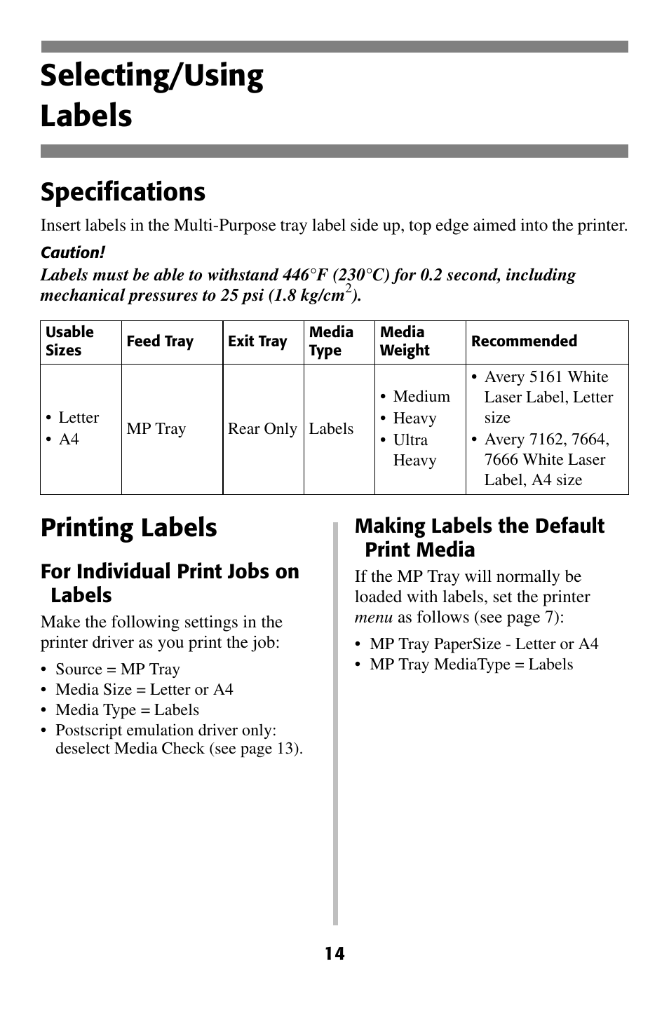 Labels, Selecting/using labels, Specifications | Printing labels | Oki C 5400 User Manual | Page 15 / 47