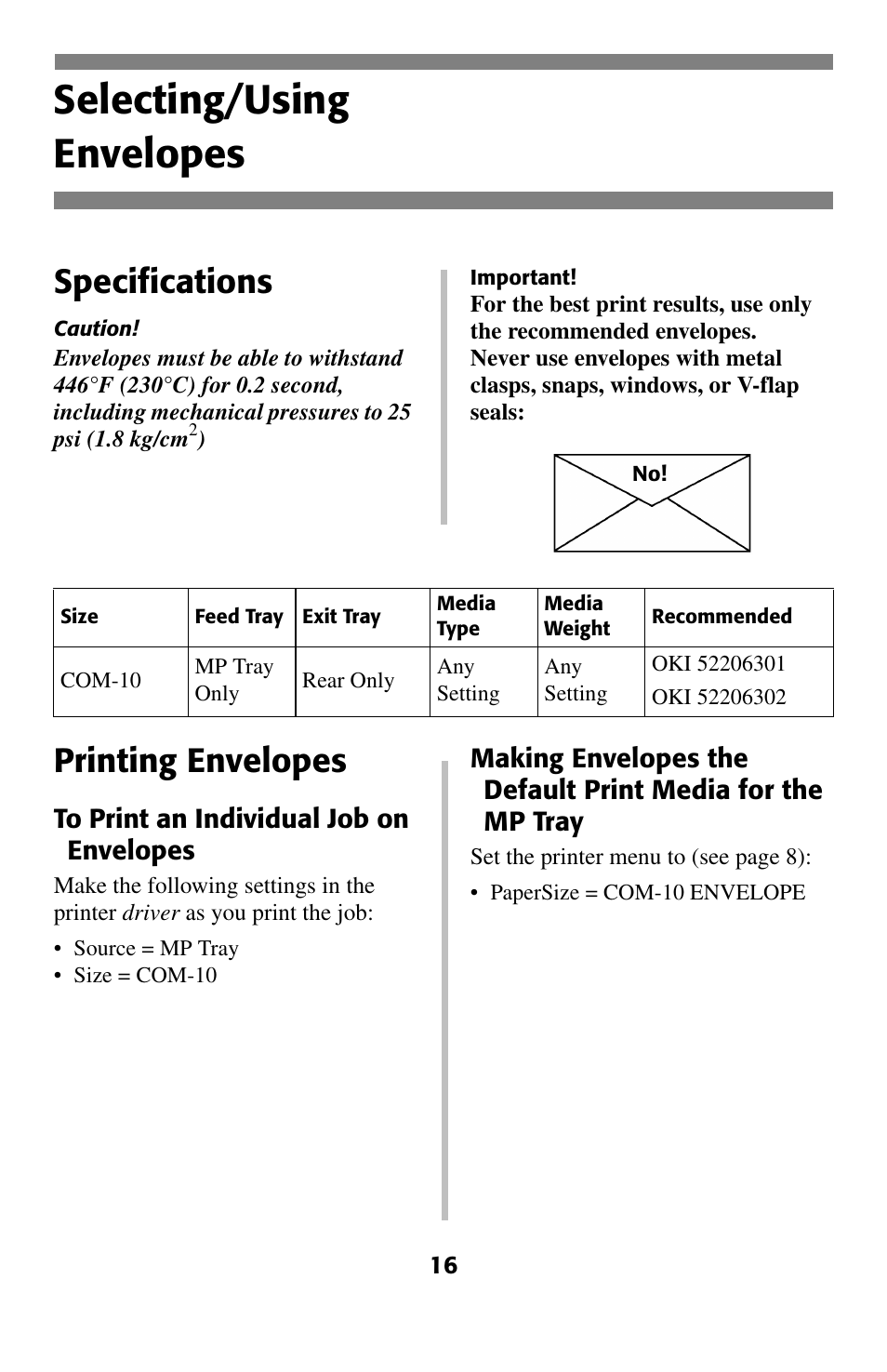 Envelopes, Selecting/using envelopes, Specifications | Printing envelopes | Oki C 5400 User Manual | Page 17 / 47