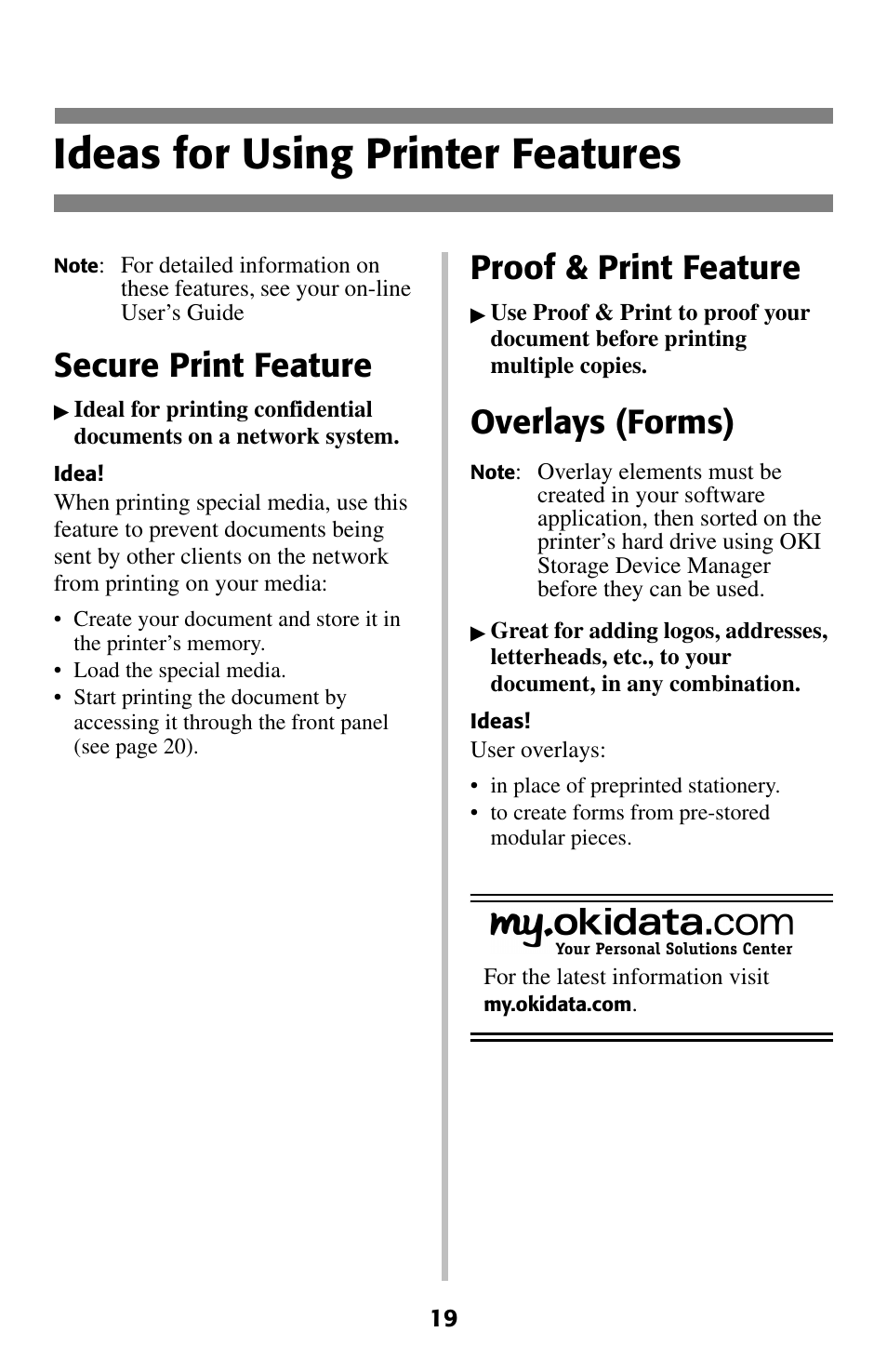 Ideas for using printer features, Secure print feature, Proof & print feature | Overlays (forms) | Oki C 5400 User Manual | Page 20 / 47
