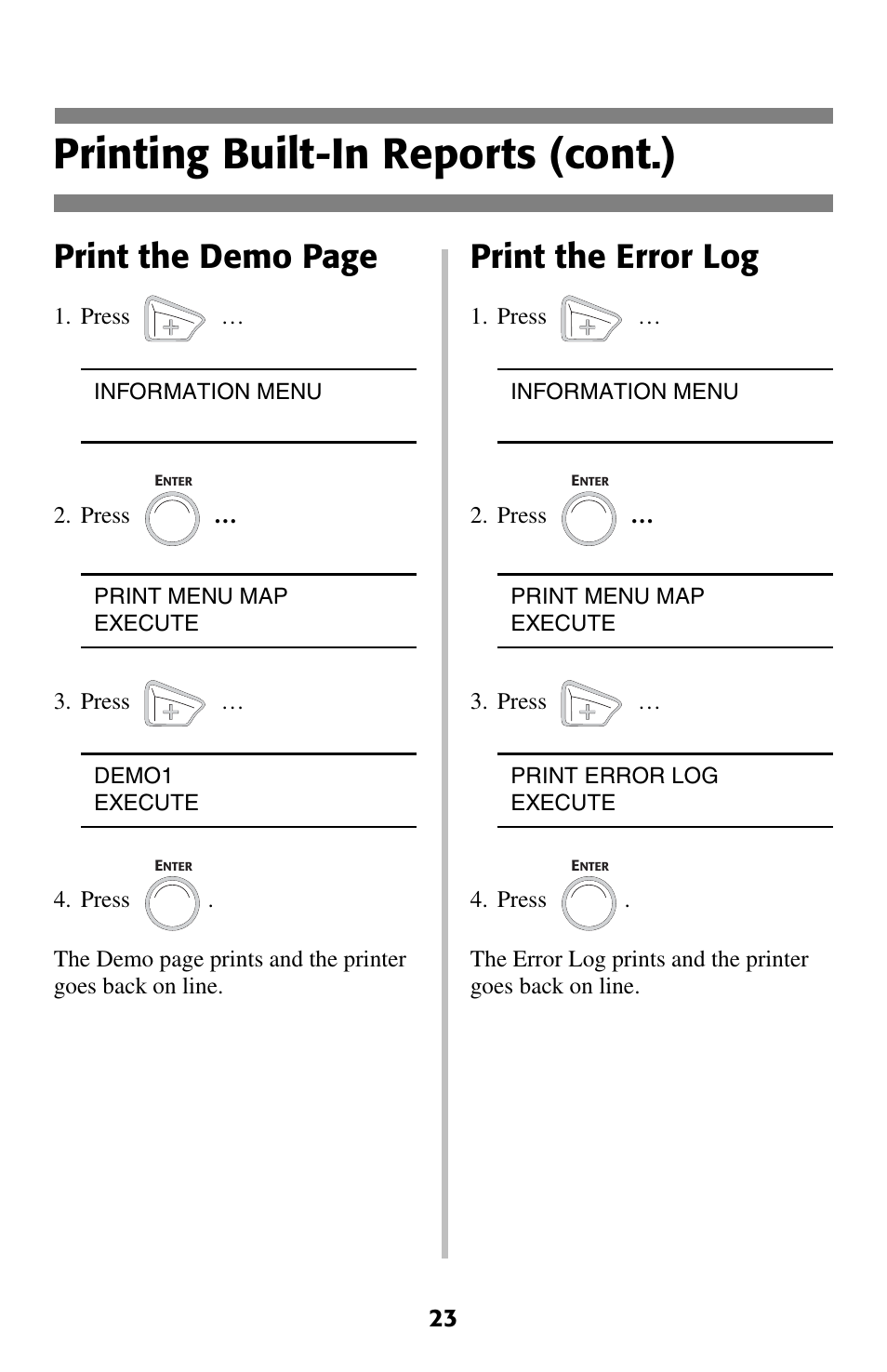 Printing built-in reports (cont.), Print the demo page, Print the error log | Oki C 5400 User Manual | Page 24 / 47