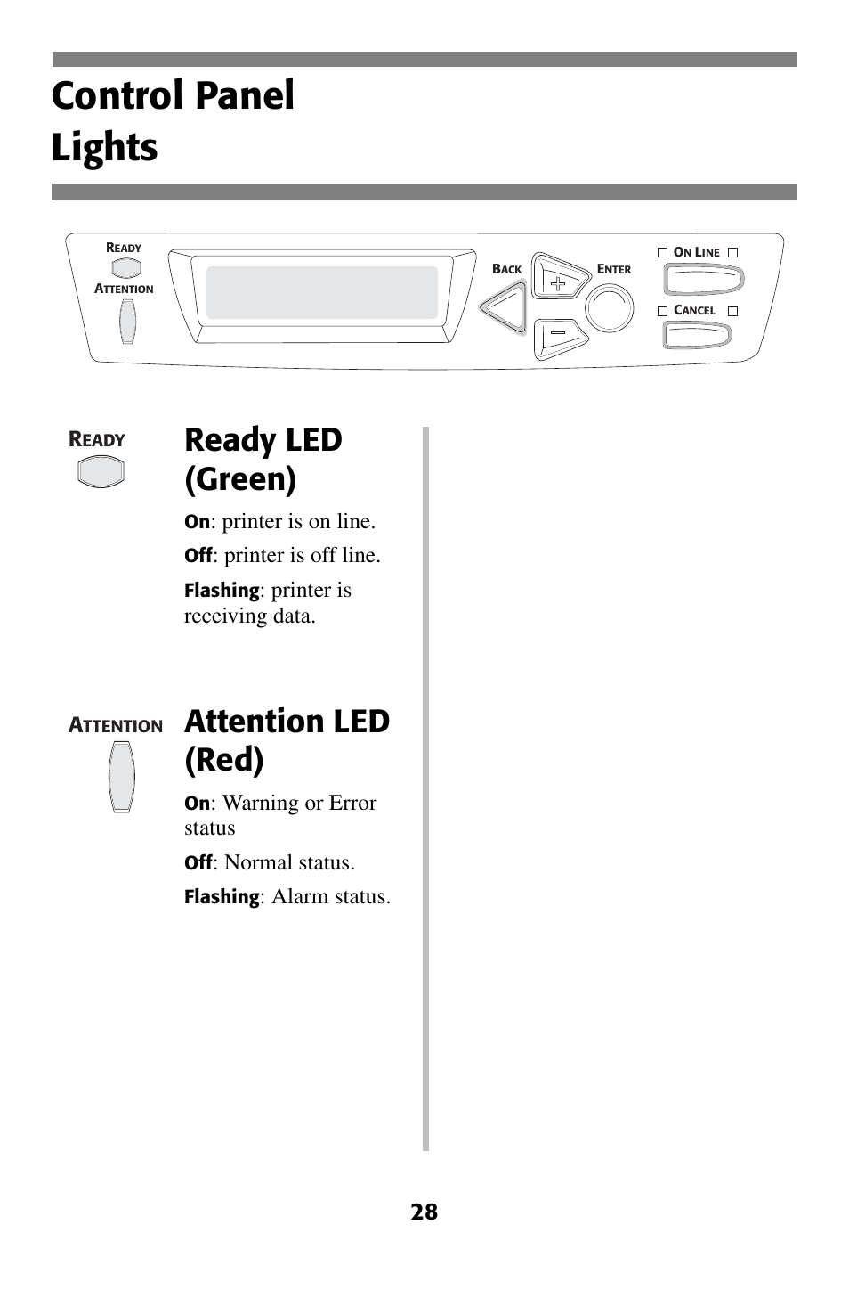 Lights, Control panel lights, Ready led (green) | Attention led (red), Printer is on line, Printer is off line, Printer is receiving data, Warning or error status, Normal status, Alarm status | Oki C 5400 User Manual | Page 29 / 47