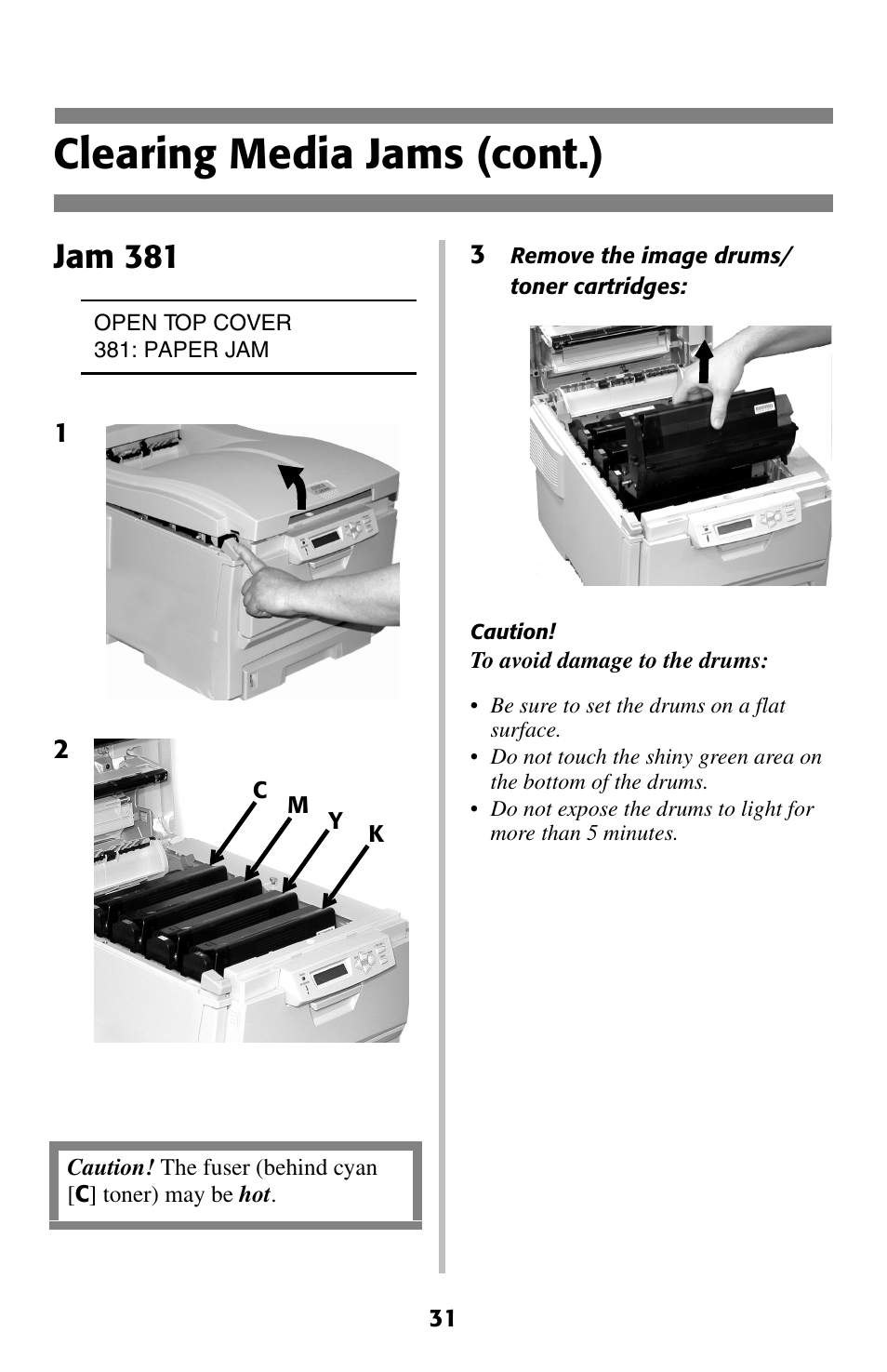 Jam 381, Clearing media jams (cont.) | Oki C 5400 User Manual | Page 32 / 47