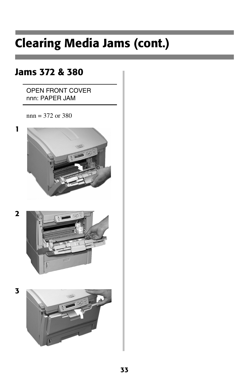 Jams 372 & 380, Clearing media jams (cont.) | Oki C 5400 User Manual | Page 34 / 47