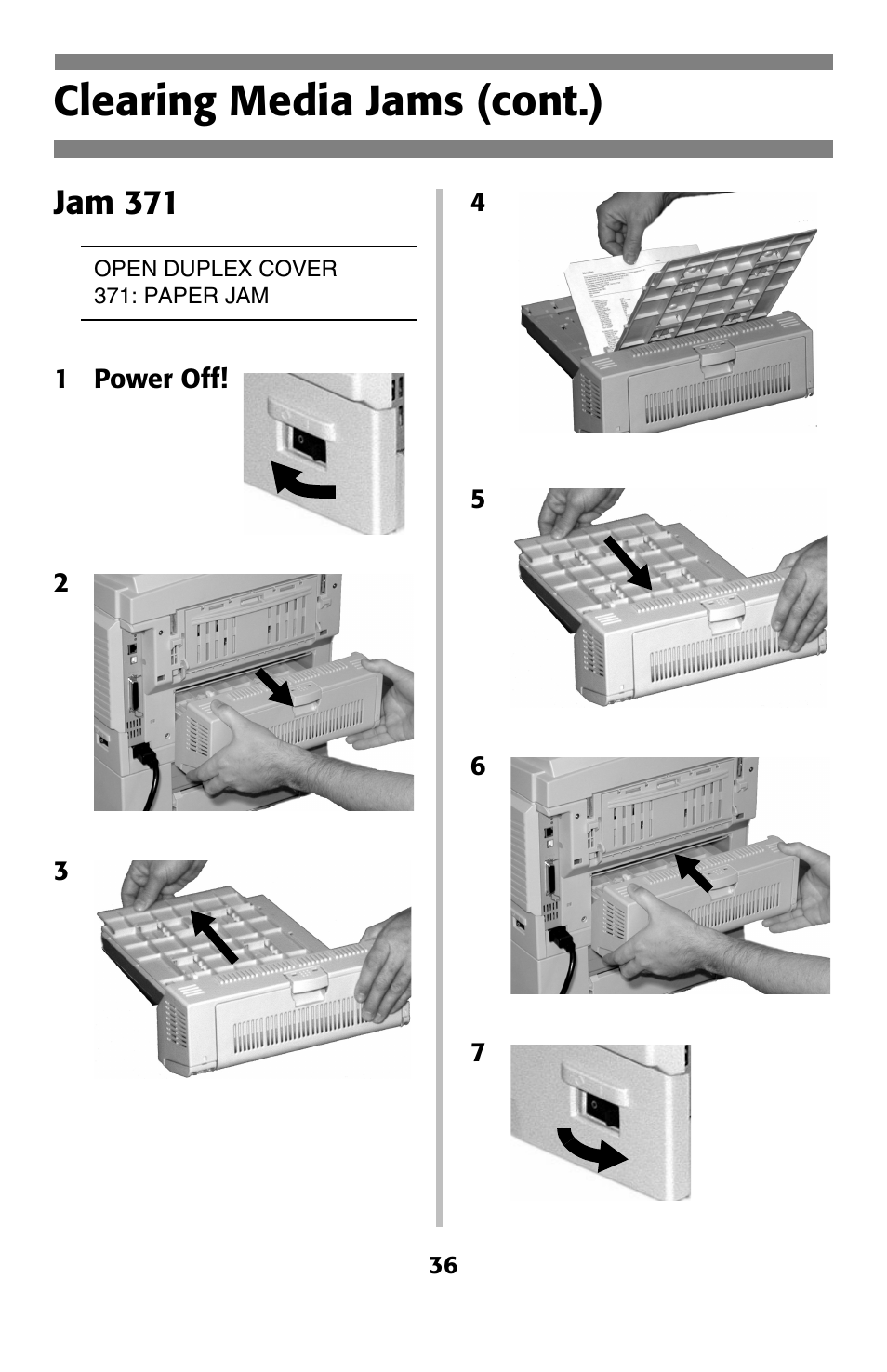 Jam 371, Clearing media jams (cont.) | Oki C 5400 User Manual | Page 37 / 47