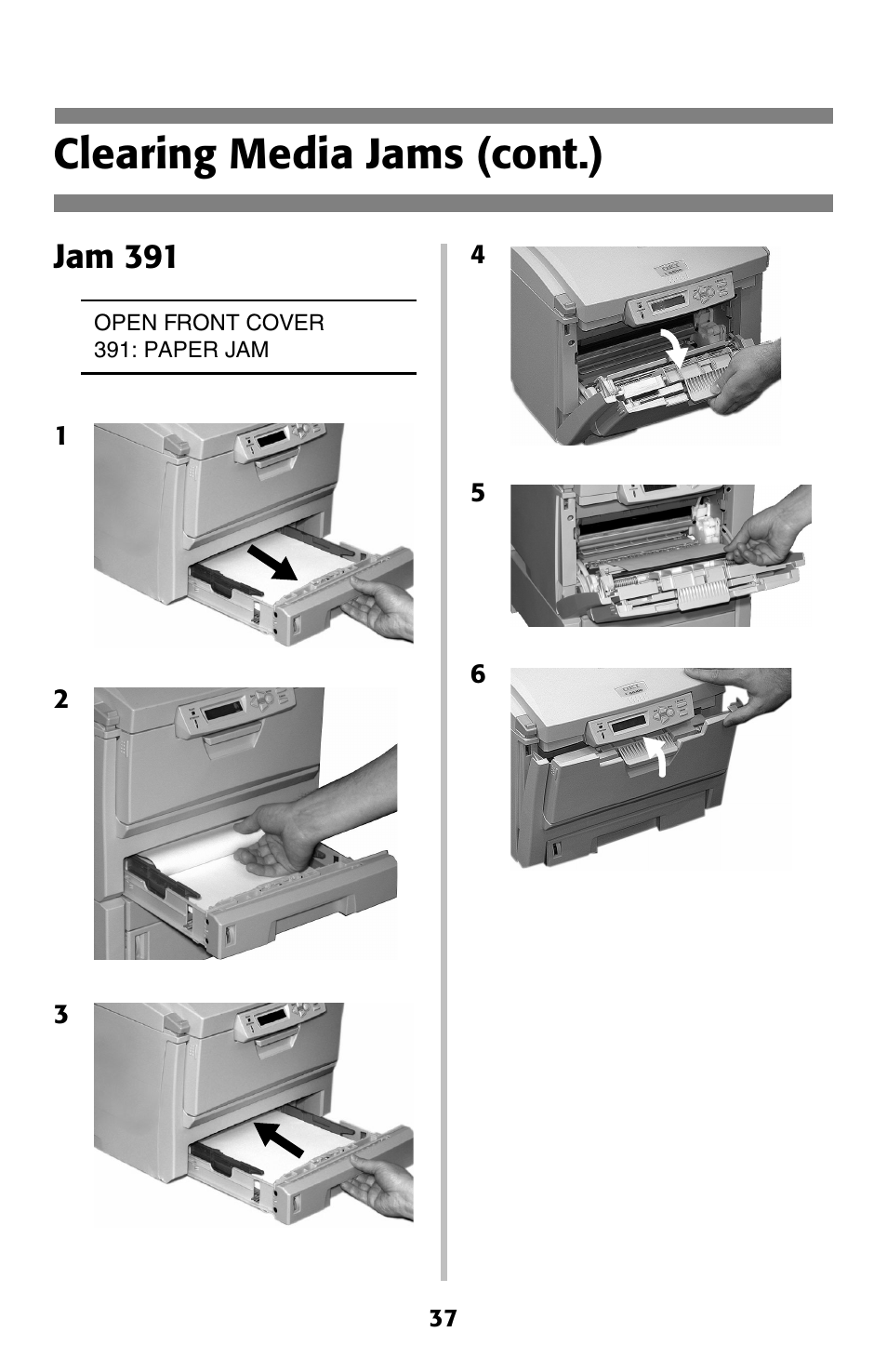 Jam 391, Jam 390, Clearing media jams (cont.) | Oki C 5400 User Manual | Page 38 / 47
