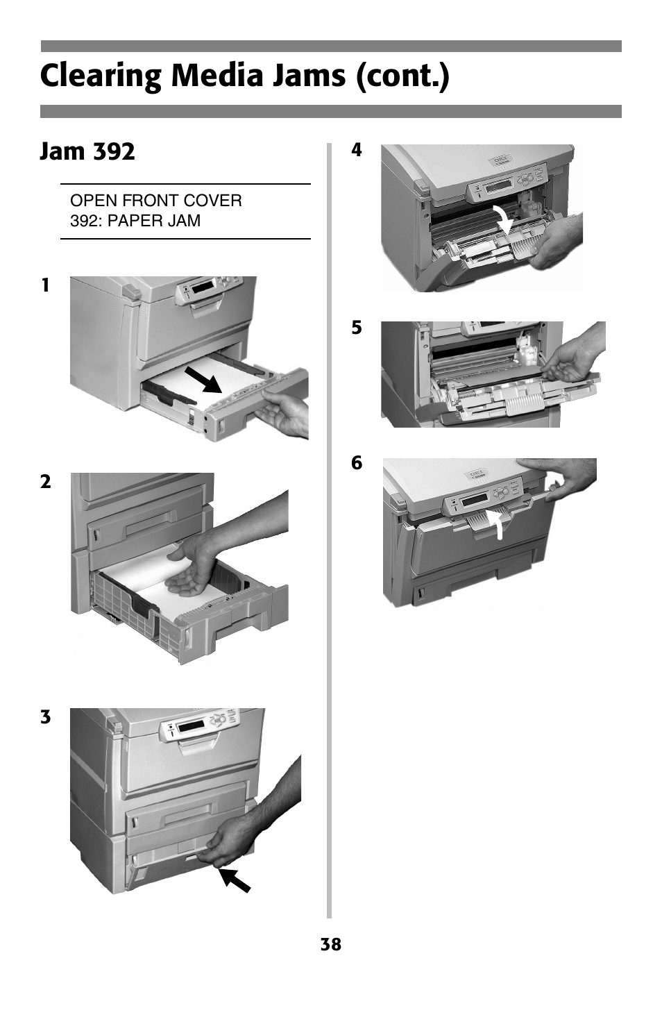 Jam 392, Changing toner cartridges, Clearing media jams (cont.) | Oki C 5400 User Manual | Page 39 / 47