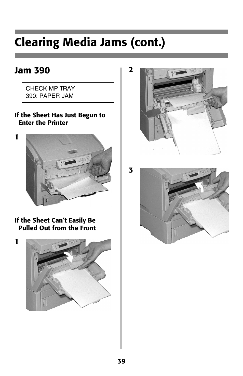 Jam 390, Error messages, Clearing media jams (cont.) | Oki C 5400 User Manual | Page 40 / 47