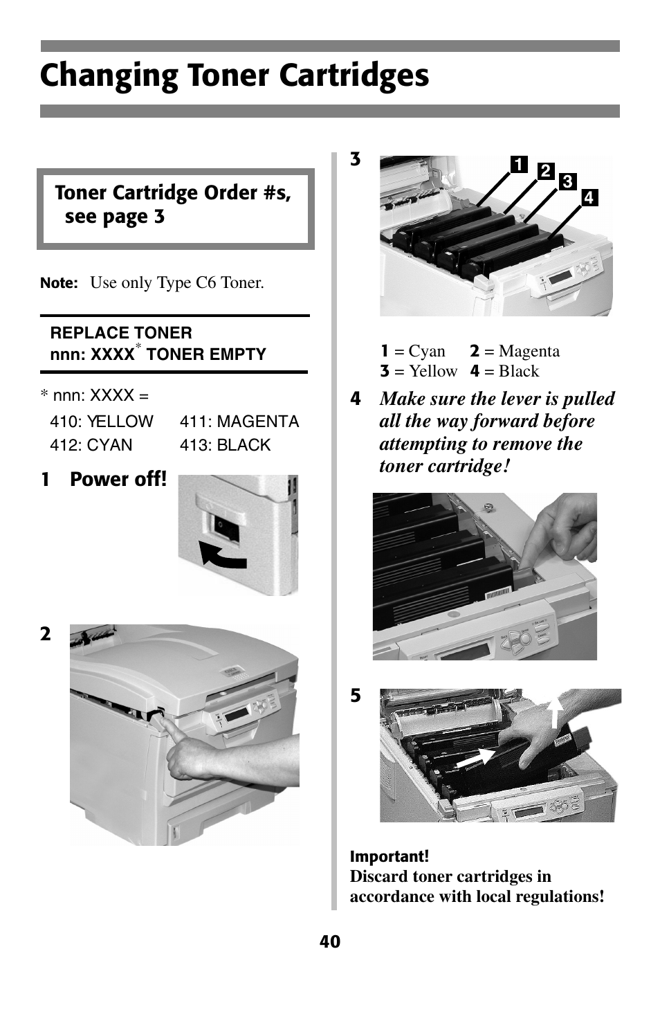 Changing toner cartridges, Service & support | Oki C 5400 User Manual | Page 41 / 47