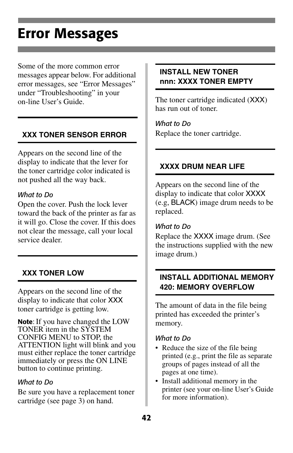 Error messages | Oki C 5400 User Manual | Page 43 / 47