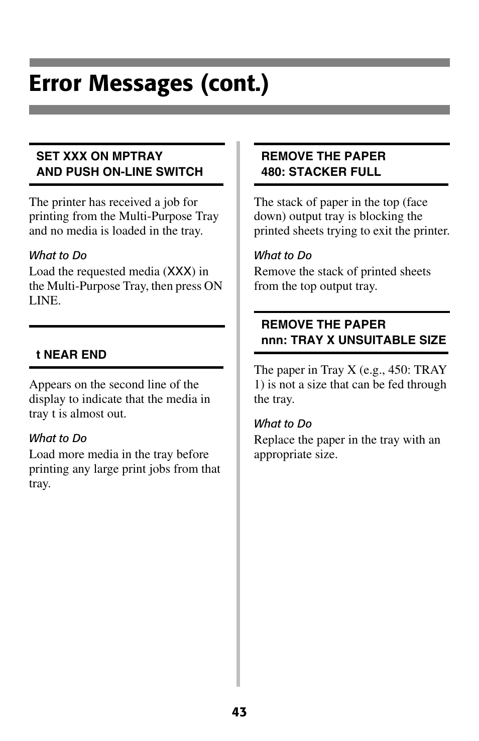 Error messages (cont.) | Oki C 5400 User Manual | Page 44 / 47