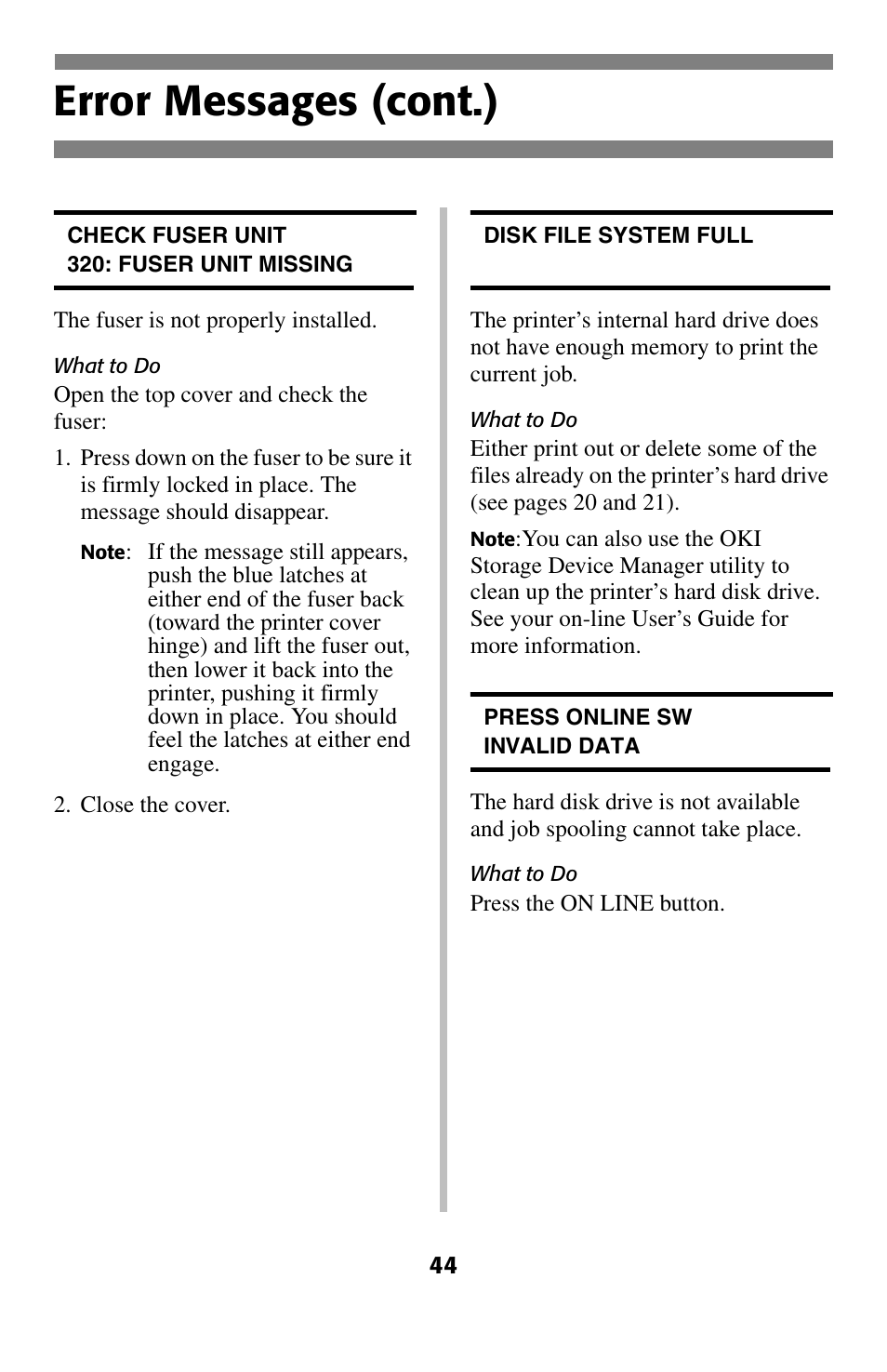 Error messages (cont.) | Oki C 5400 User Manual | Page 45 / 47