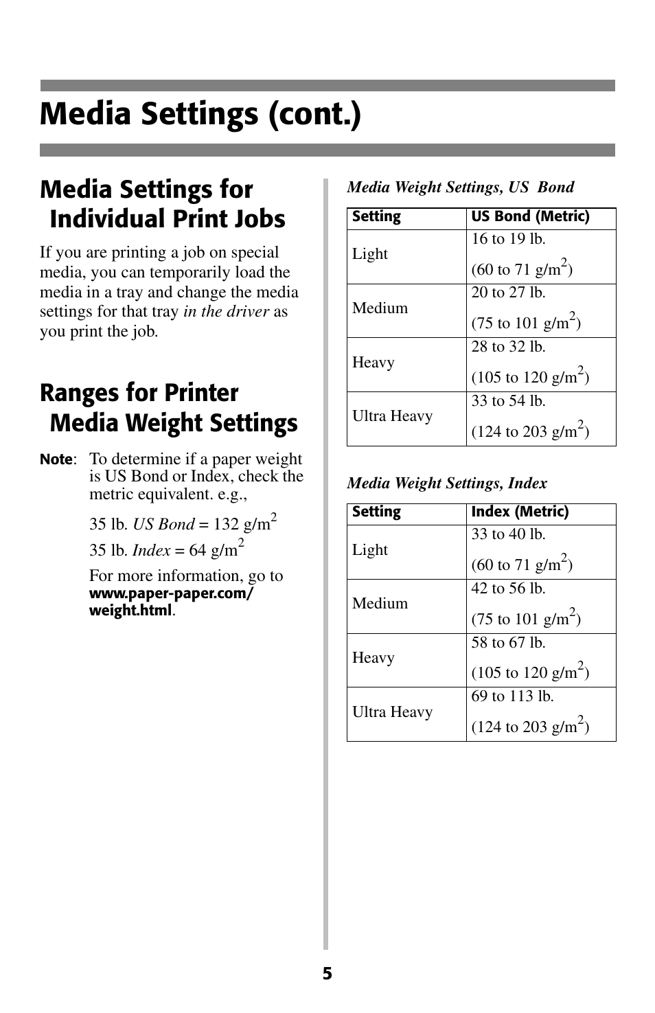 Media settings for individual print jobs, Media settings (cont.), Ranges for printer media weight settings | Oki C 5400 User Manual | Page 6 / 47