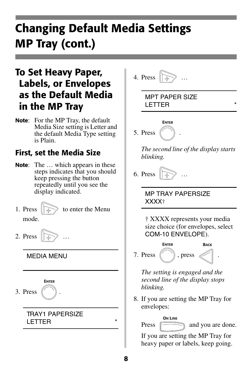 Changing default media settings mp tray (cont.), First, set the media size | Oki C 5400 User Manual | Page 9 / 47