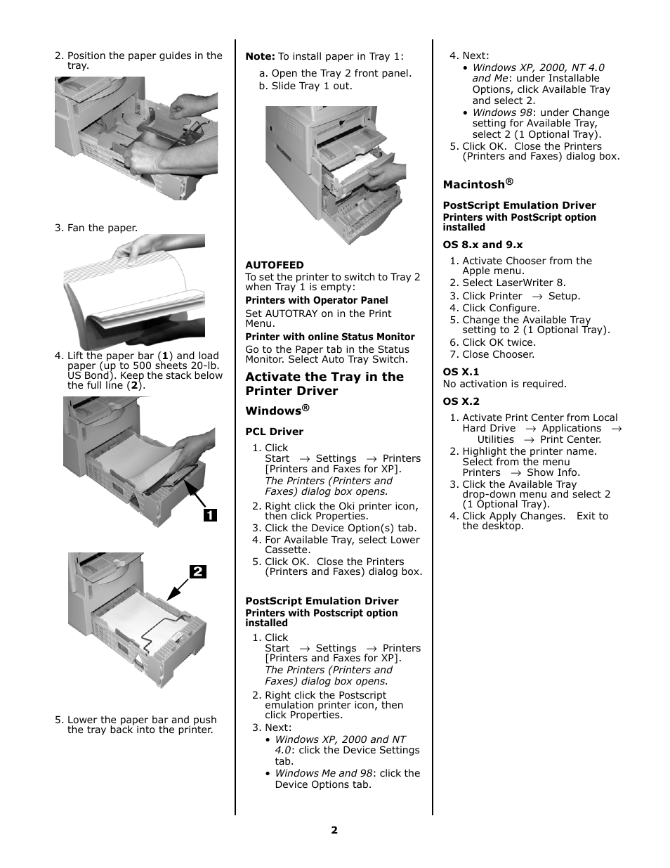 Autofeed, Activate the tray in the printer driver, Windows | Pcl driver, Postscript emulation driver, Macintosh, Os 8.x and 9.x, Os x.1, Os x.2 | Oki B 4600n User Manual | Page 2 / 8