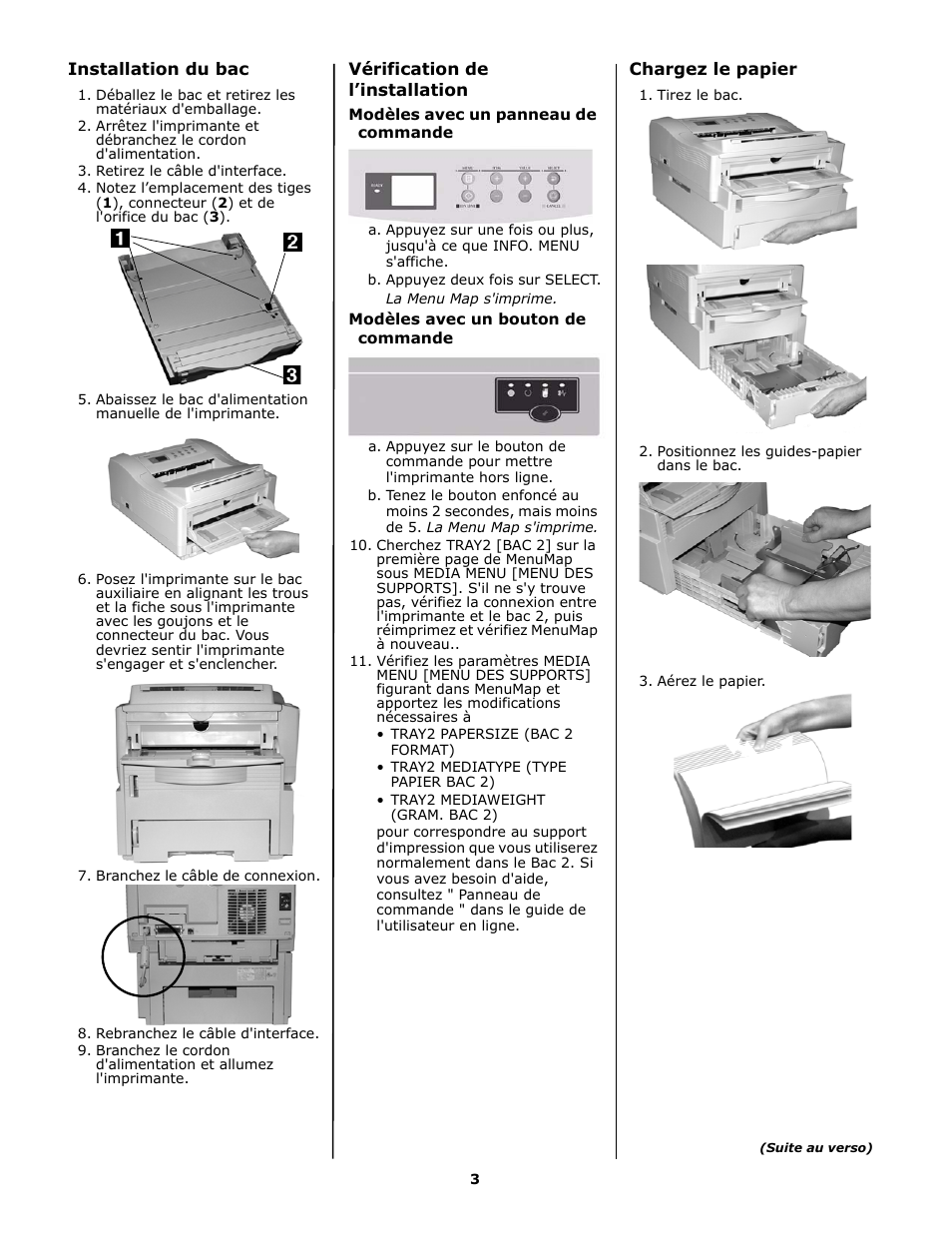 Français, Installation du bac, Vérification de l’installation | Modèles avec un panneau de commande, Modèles avec un bouton de commande, Chargez le papier | Oki B 4600n User Manual | Page 3 / 8