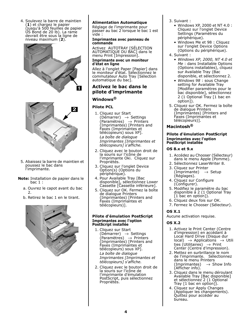 Alimentation automatique, Activez le bac dans le pilote d'imprimante, Windows | Pilote pcl, Pilote d'émulation postscript, Macintosh, Os 8.x et 9.x, Os x.1, Os x.2 | Oki B 4600n User Manual | Page 4 / 8