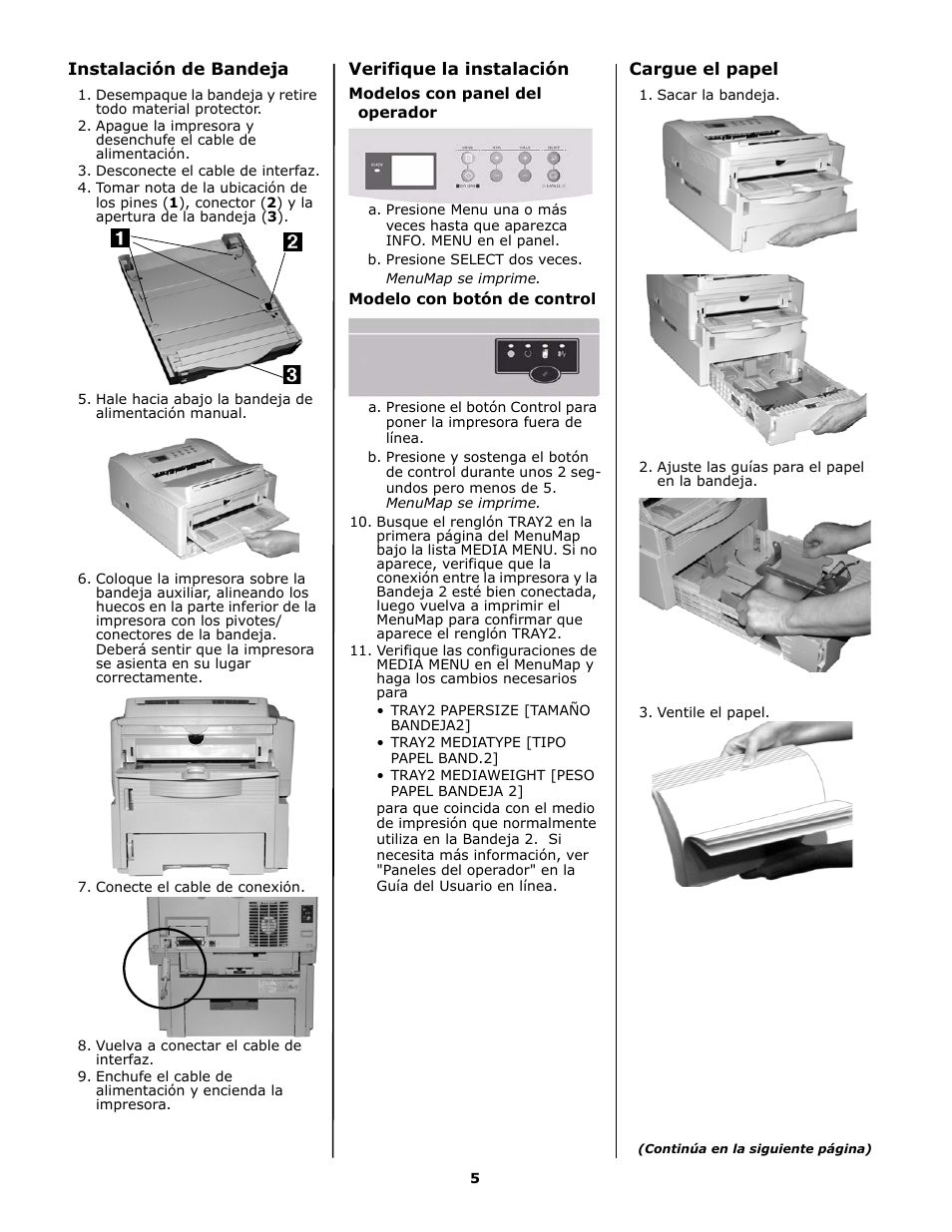 Español, Instalación de bandeja, Verifique la instalación | Modelos con panel del operador, Modelo con botón de control, Cargue el papel | Oki B 4600n User Manual | Page 5 / 8