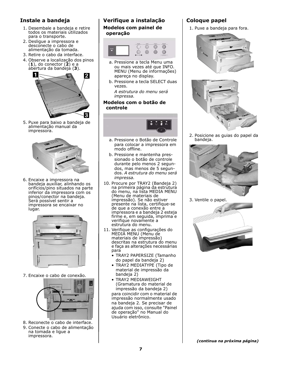 Português, Instale a bandeja, Verifique a instalação | Modelos com painel de operação, Modelos com o botão de controle, Coloque papel | Oki B 4600n User Manual | Page 7 / 8