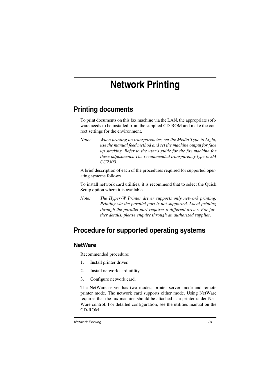Network printing, Printing documents, Procedure for supported operating systems | Netware | Oki ii User Manual | Page 35 / 46