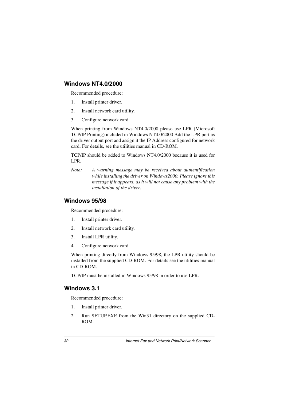 Windows nt4.0/2000, Windows 95/98, Windows 3.1 | Oki ii User Manual | Page 36 / 46