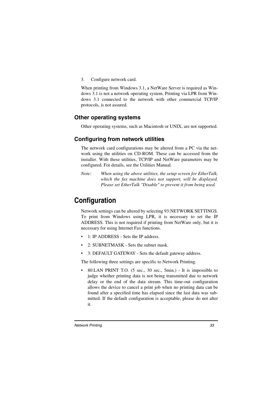 Other operating systems, Configuring from network utilities, Configuration | Oki ii User Manual | Page 37 / 46