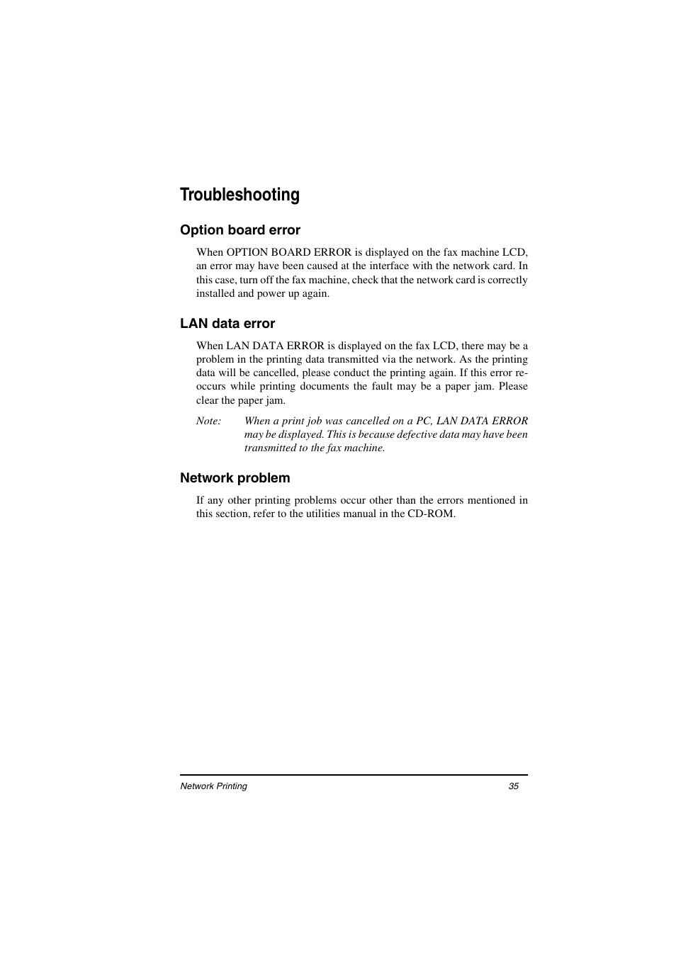 Troubleshooting, Option board error, Lan data error | Network problem | Oki ii User Manual | Page 39 / 46