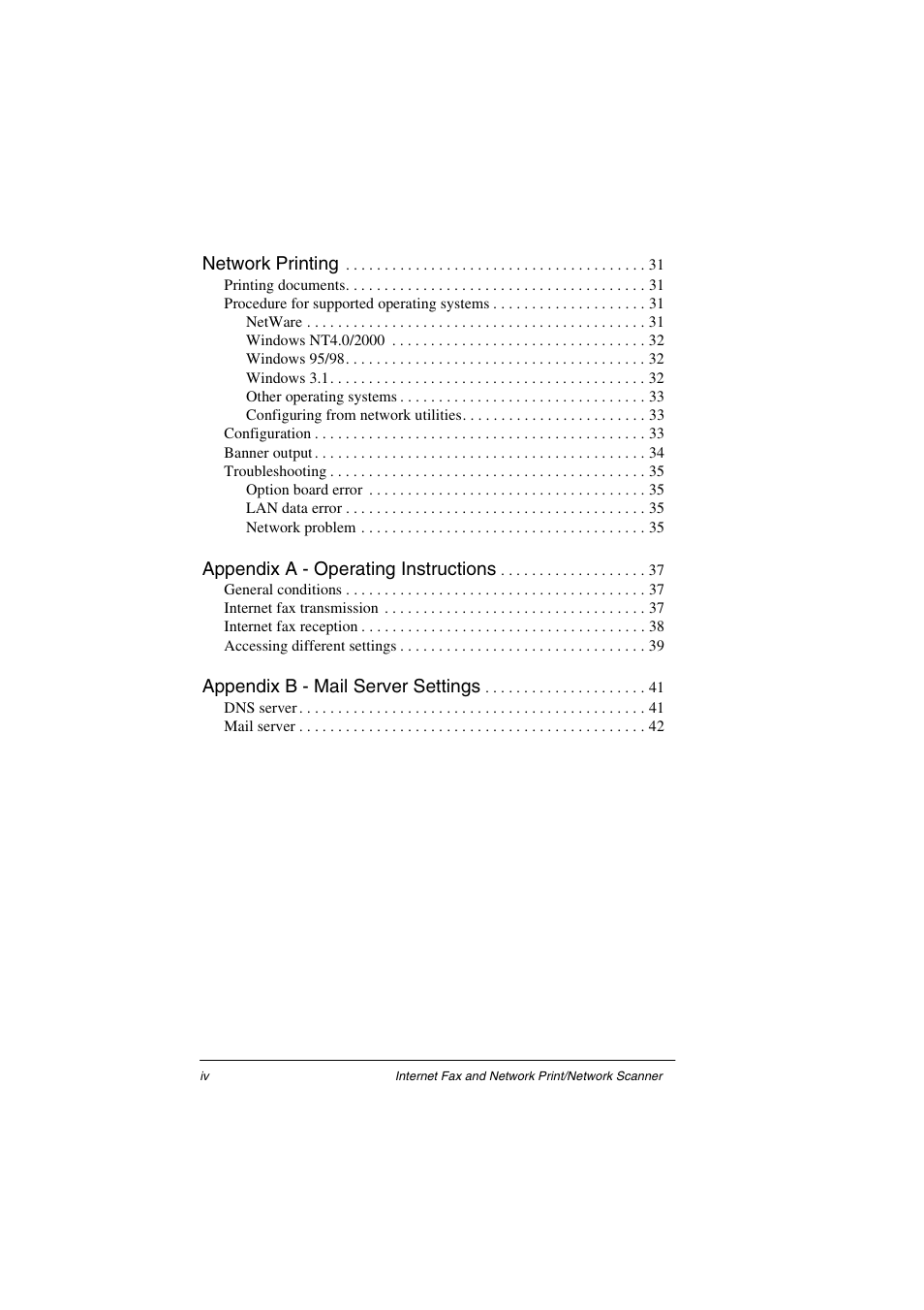 Network printing, Appendix a - operating instructions, Appendix b - mail server settings | Oki ii User Manual | Page 4 / 46