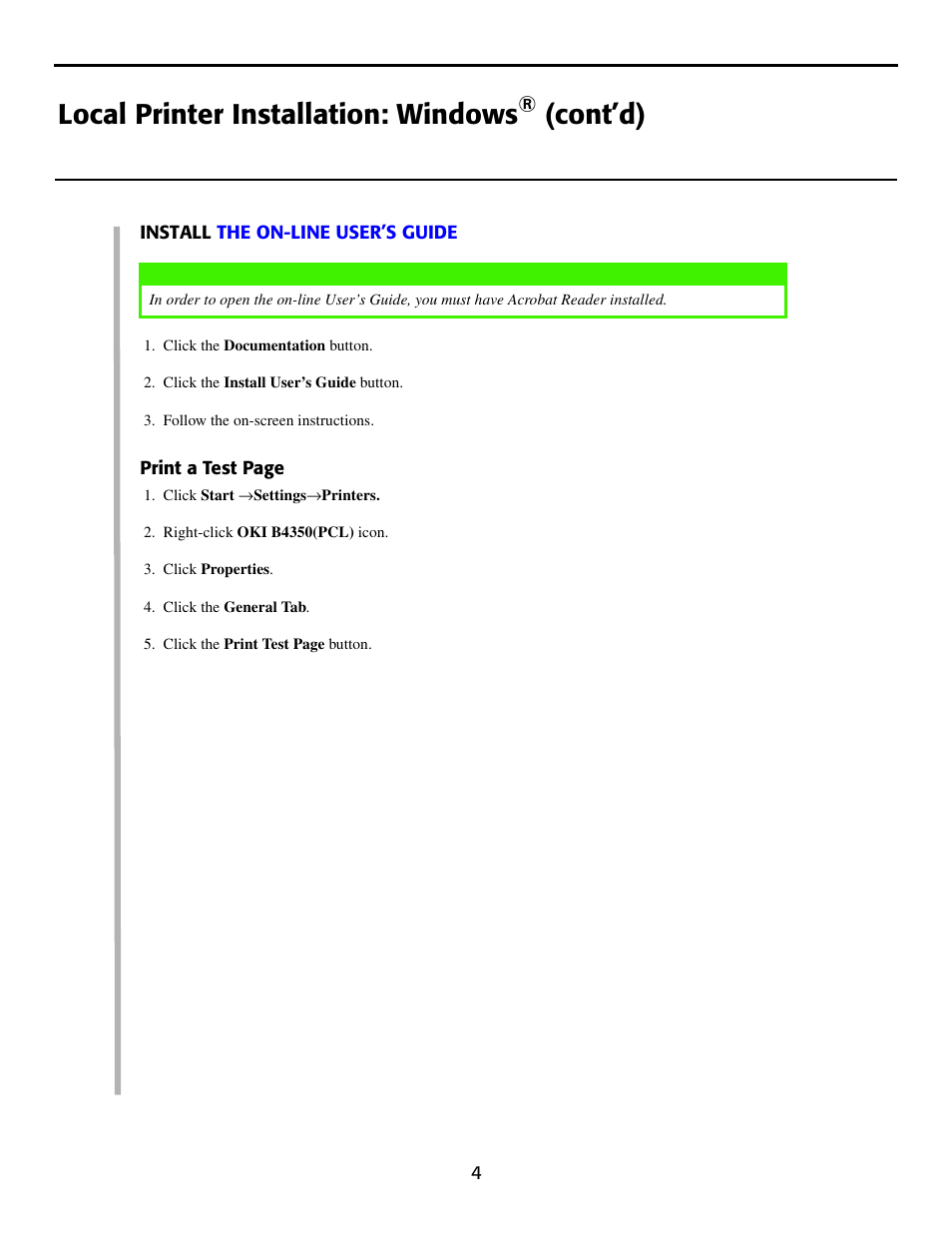 Local printer installation: windows, Cont’d) | Oki B 4350N User Manual | Page 4 / 8